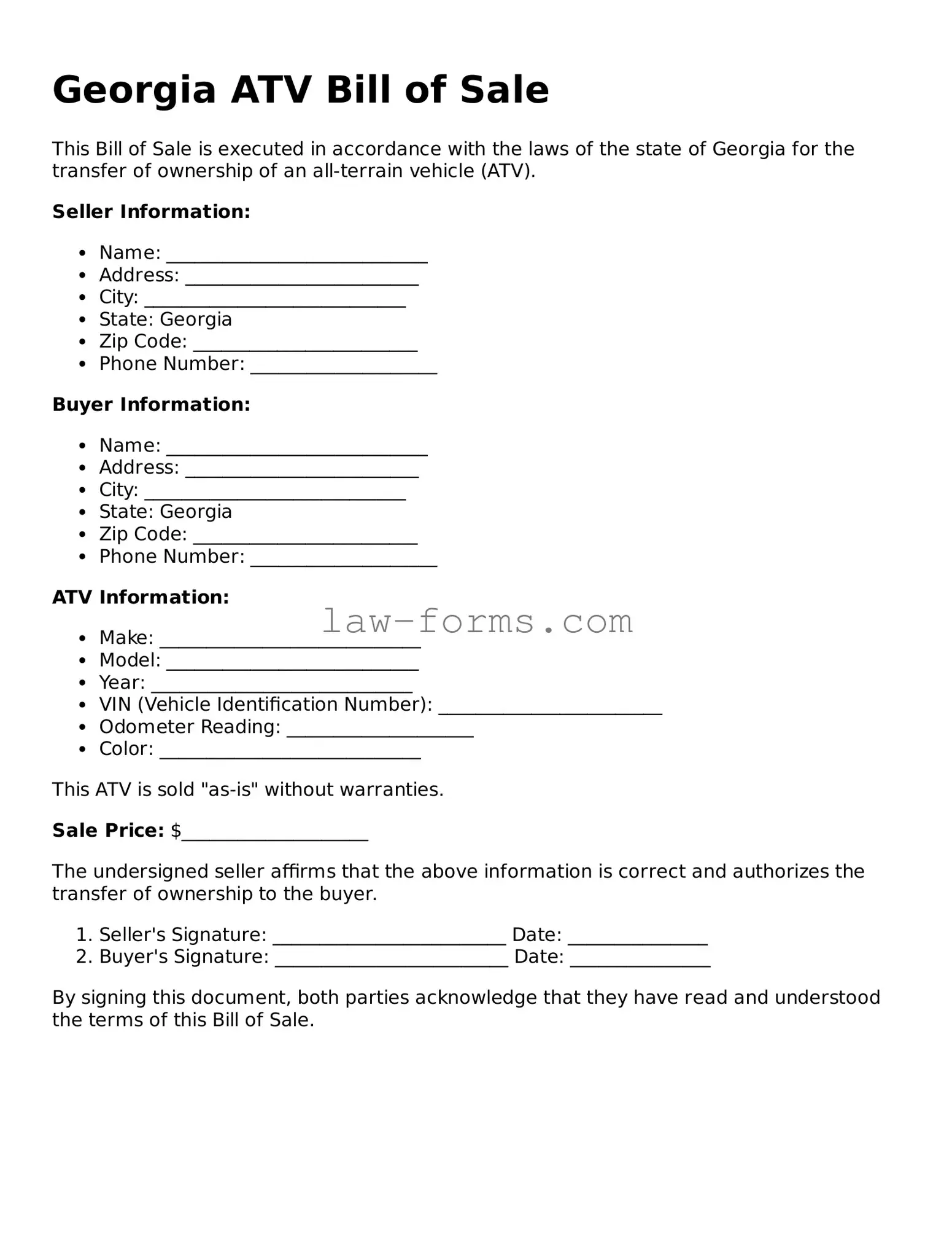 Valid ATV Bill of Sale Form for Georgia State