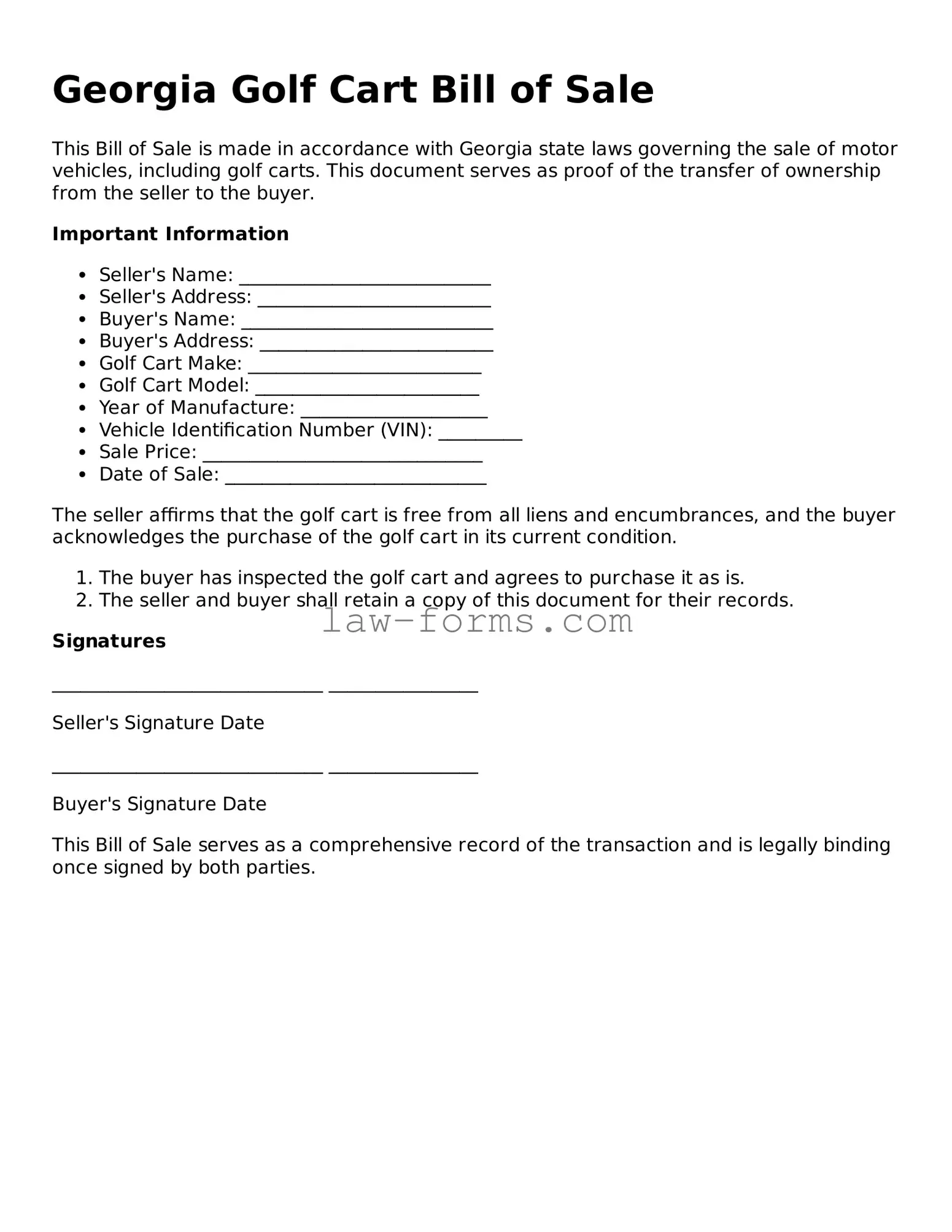 Valid Golf Cart Bill of Sale Form for Georgia State