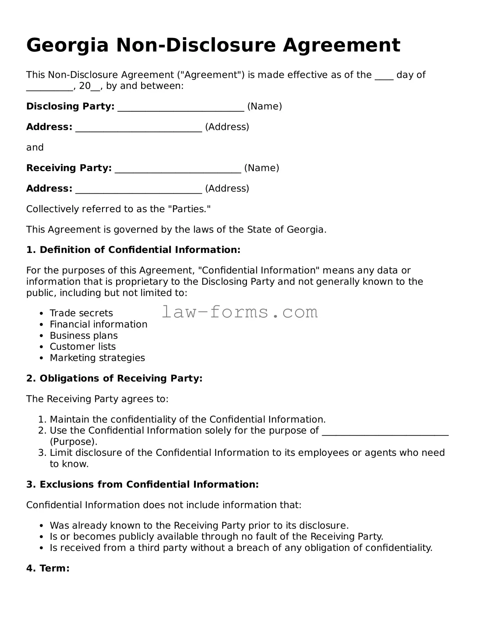 Valid Non-disclosure Agreement Form for Georgia State