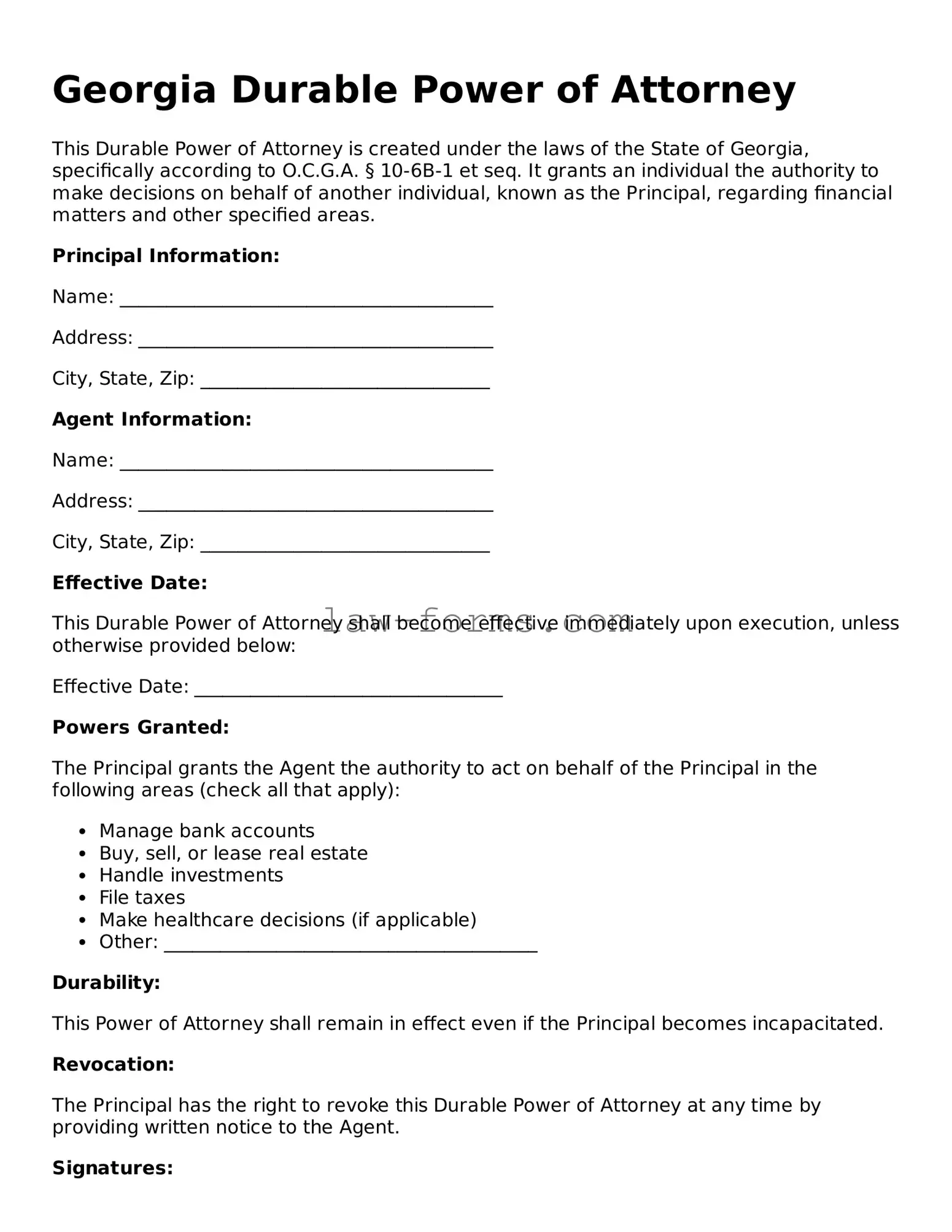 Valid Durable Power of Attorney Form for Georgia State