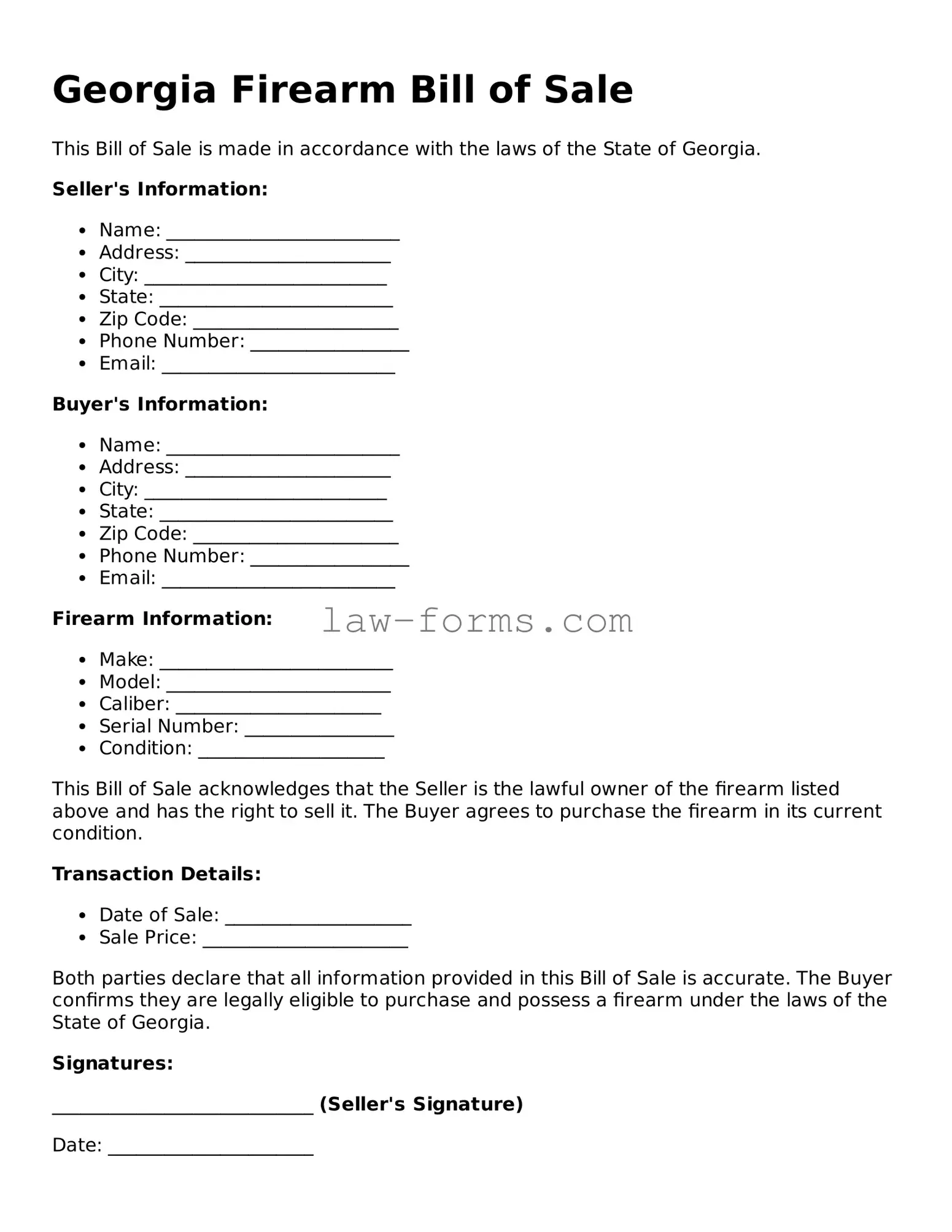 Valid Firearm Bill of Sale Form for Georgia State