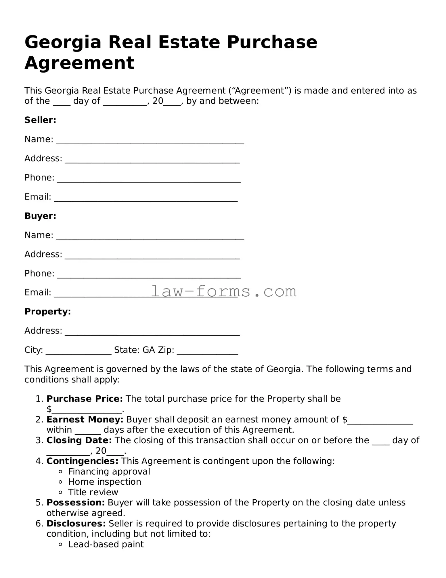 Valid Real Estate Purchase Agreement Form for Georgia State