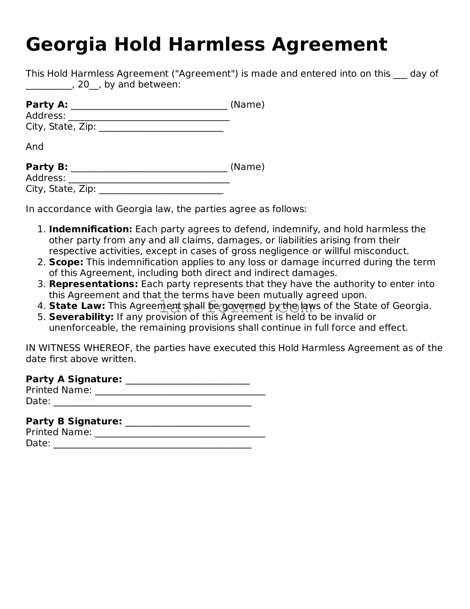 Valid Hold Harmless Agreement Form for Georgia State