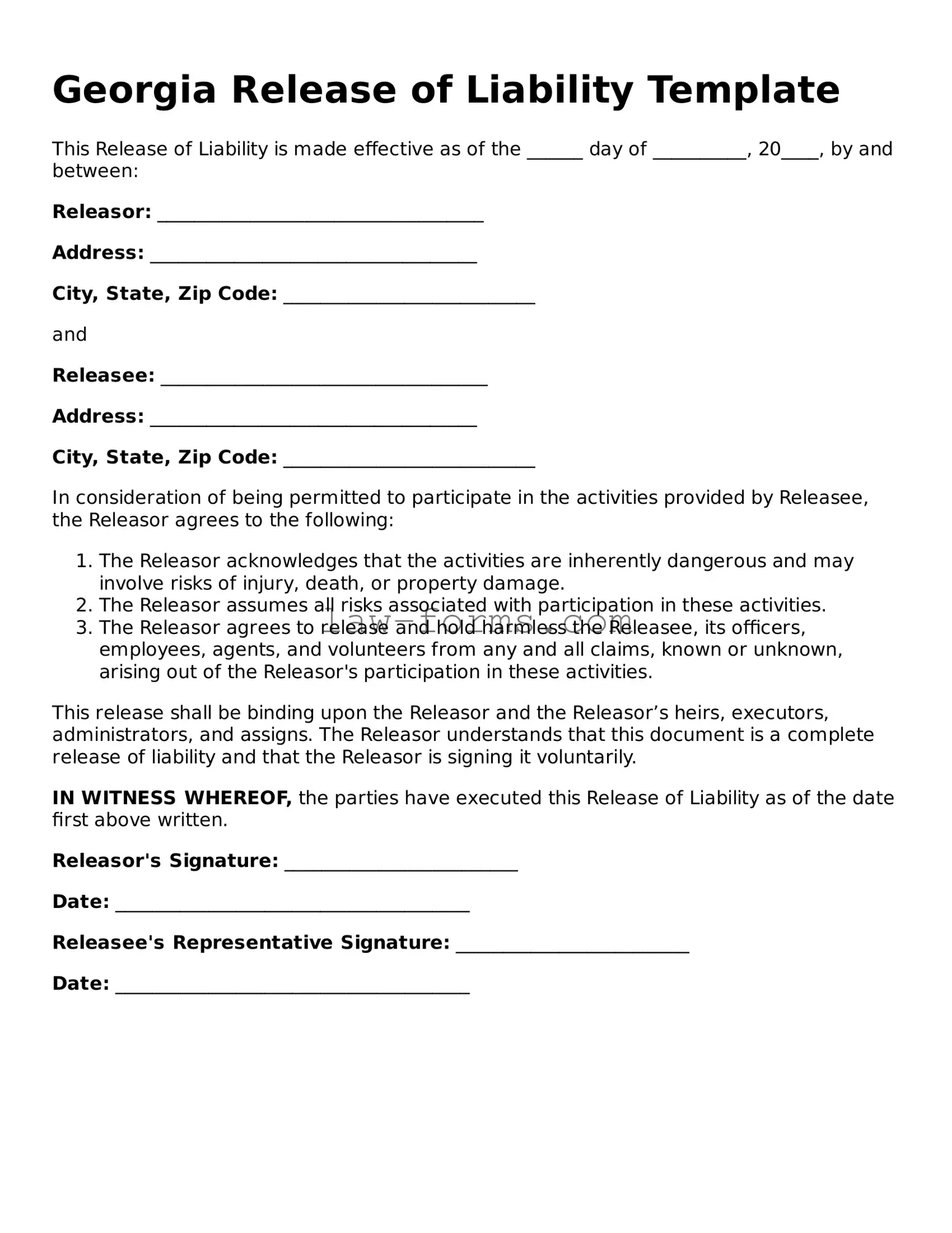 Valid Release of Liability Form for Georgia State