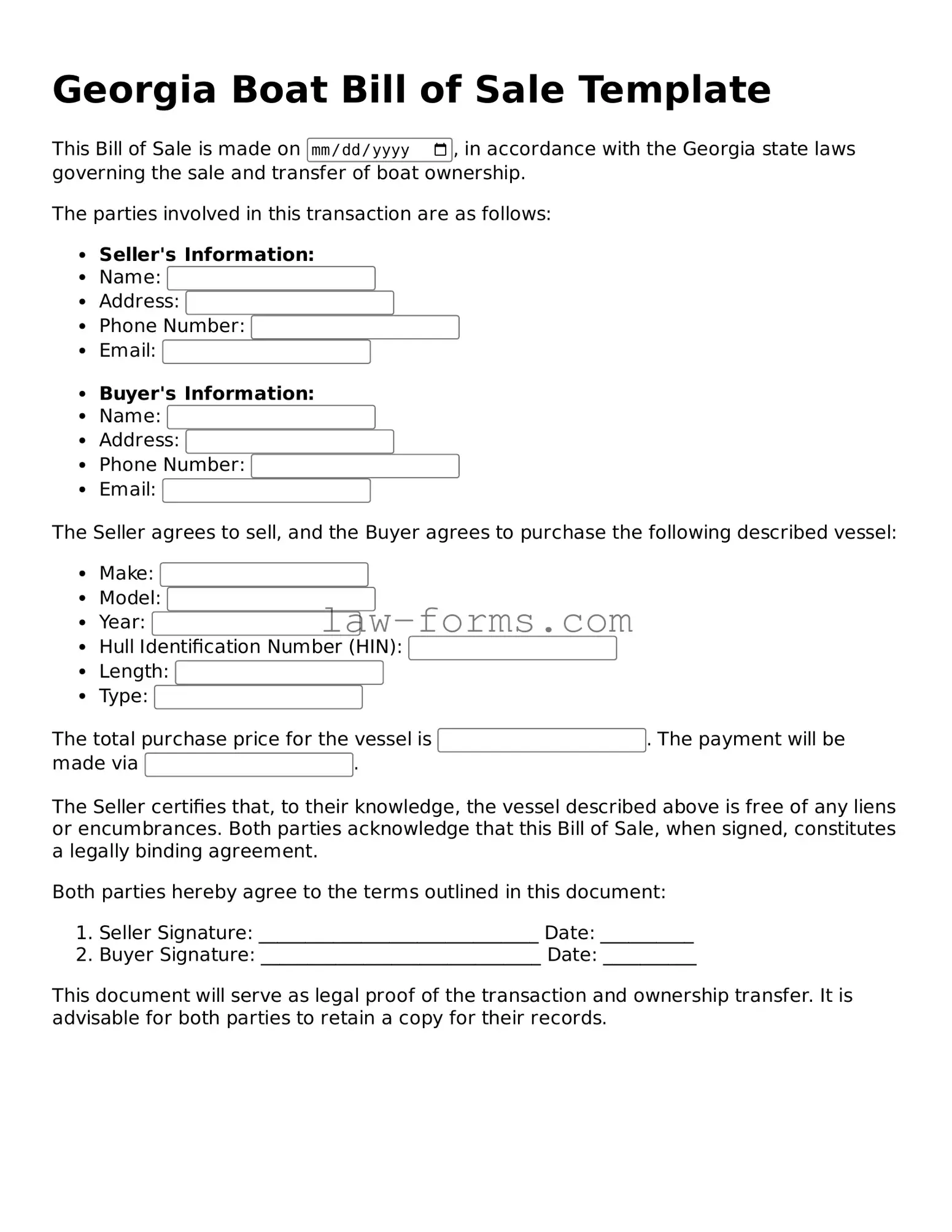 Valid Boat Bill of Sale Form for Georgia State