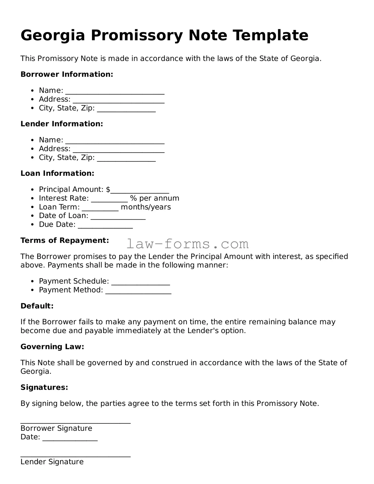 Valid Promissory Note Form for Georgia State