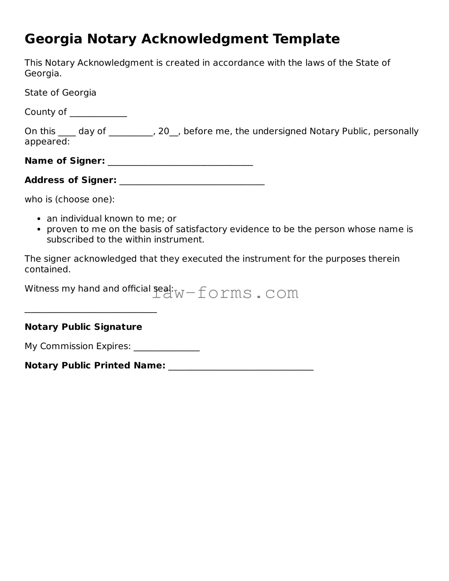 Valid Notary Acknowledgement Form for Georgia State