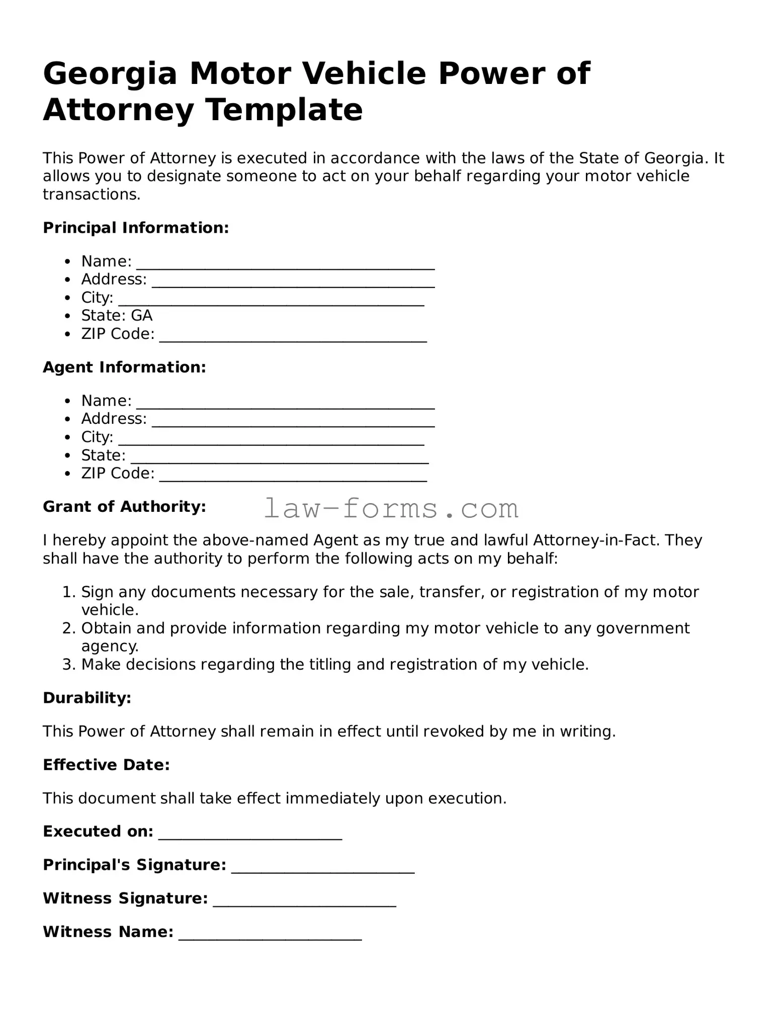 Valid Motor Vehicle Power of Attorney Form for Georgia State