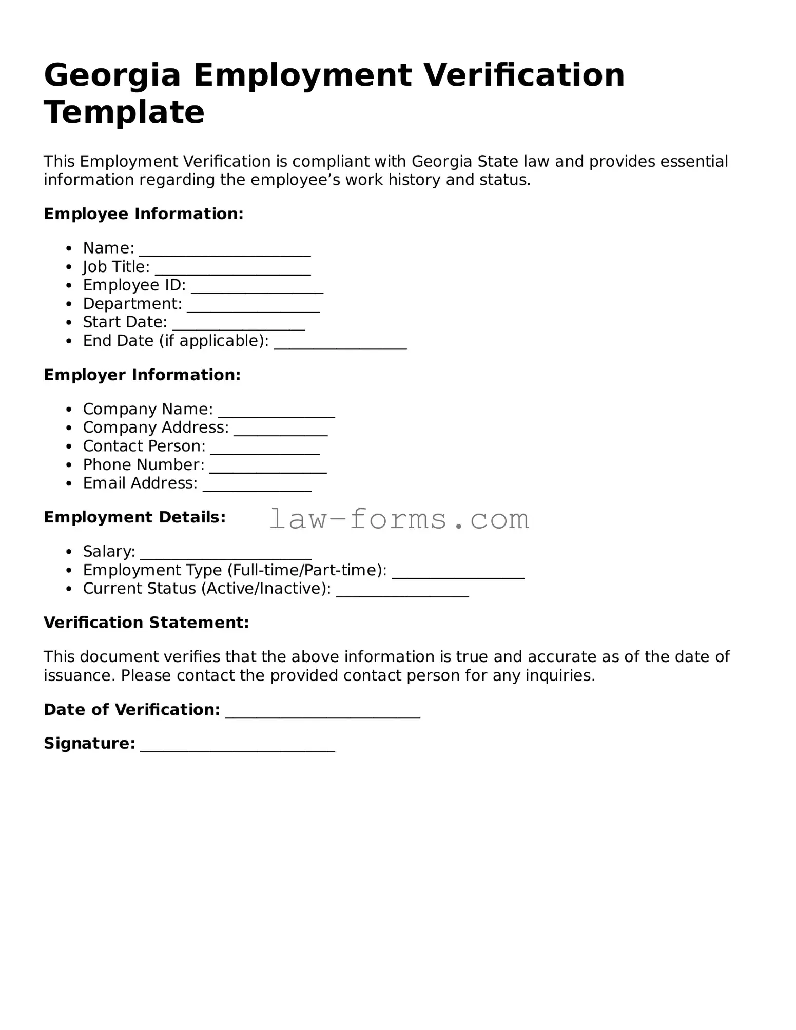 Valid Employment Verification Form for Georgia State