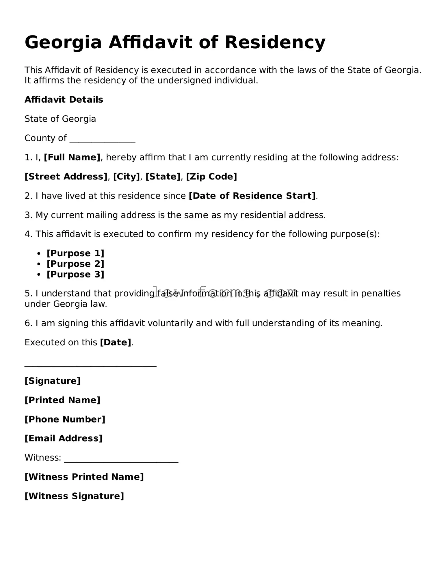 Valid Affidavit of Residency Form for Georgia State