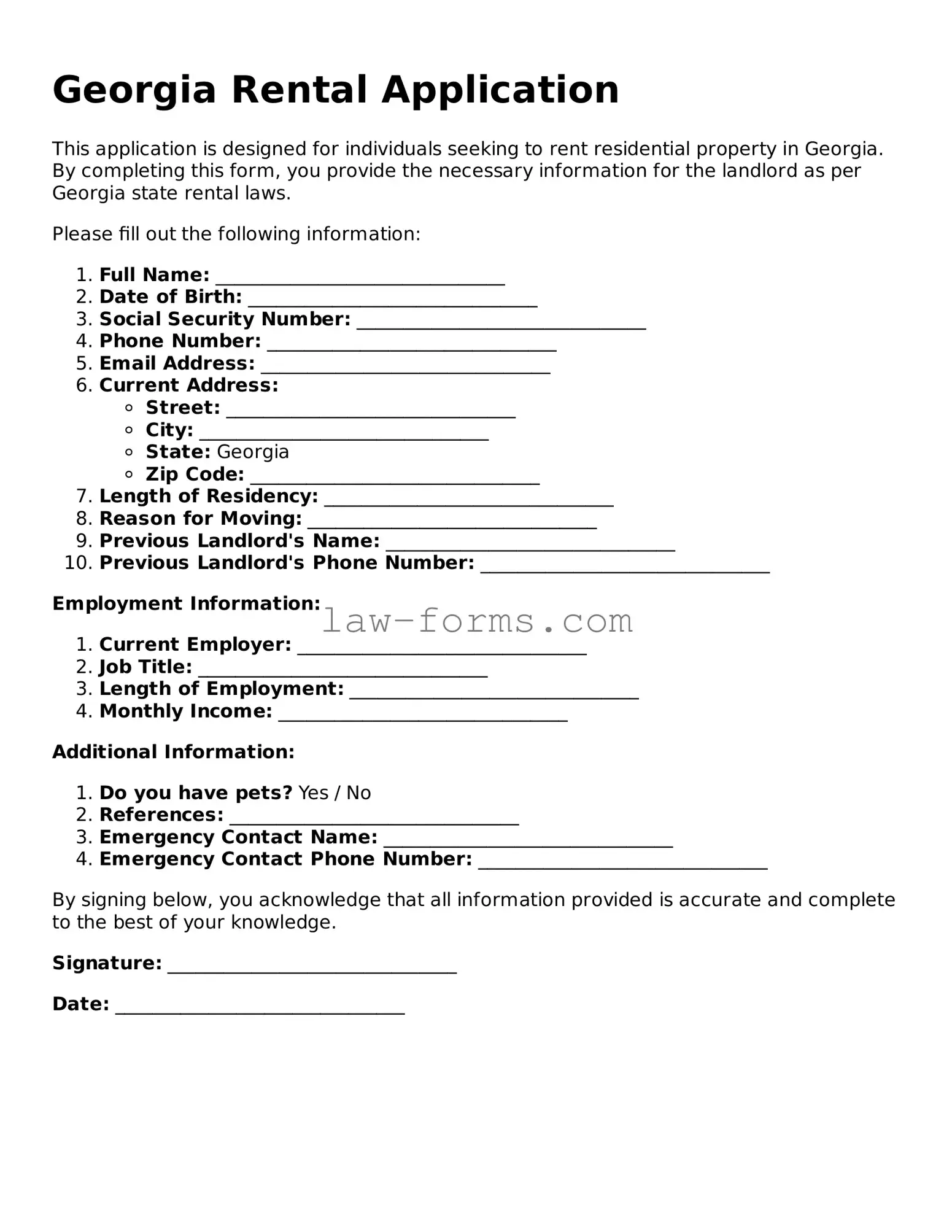 Valid Rental Application Form for Georgia State