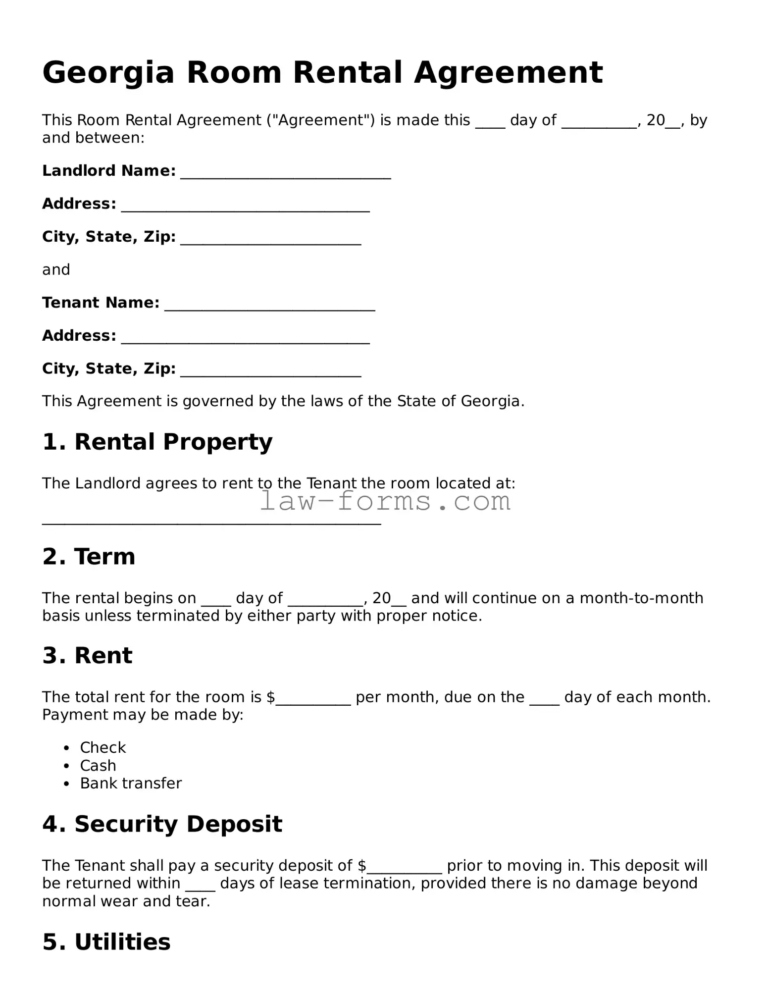 Valid Room Rental Agreement Form for Georgia State