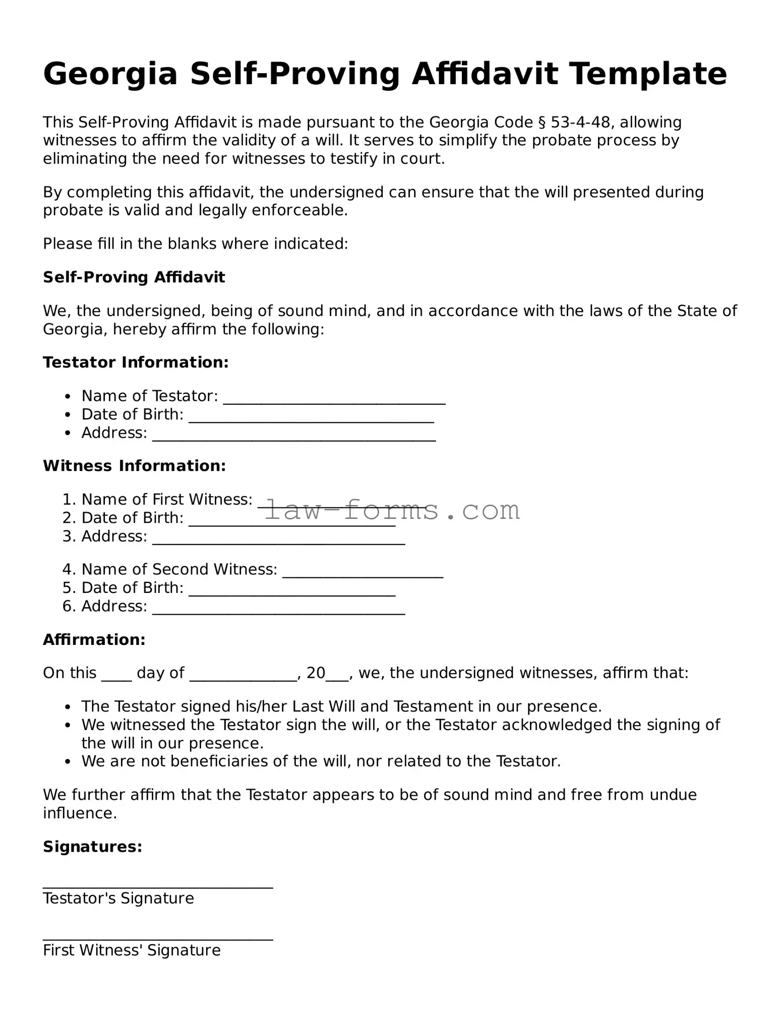 Valid Self-Proving Affidavit Form for Georgia State