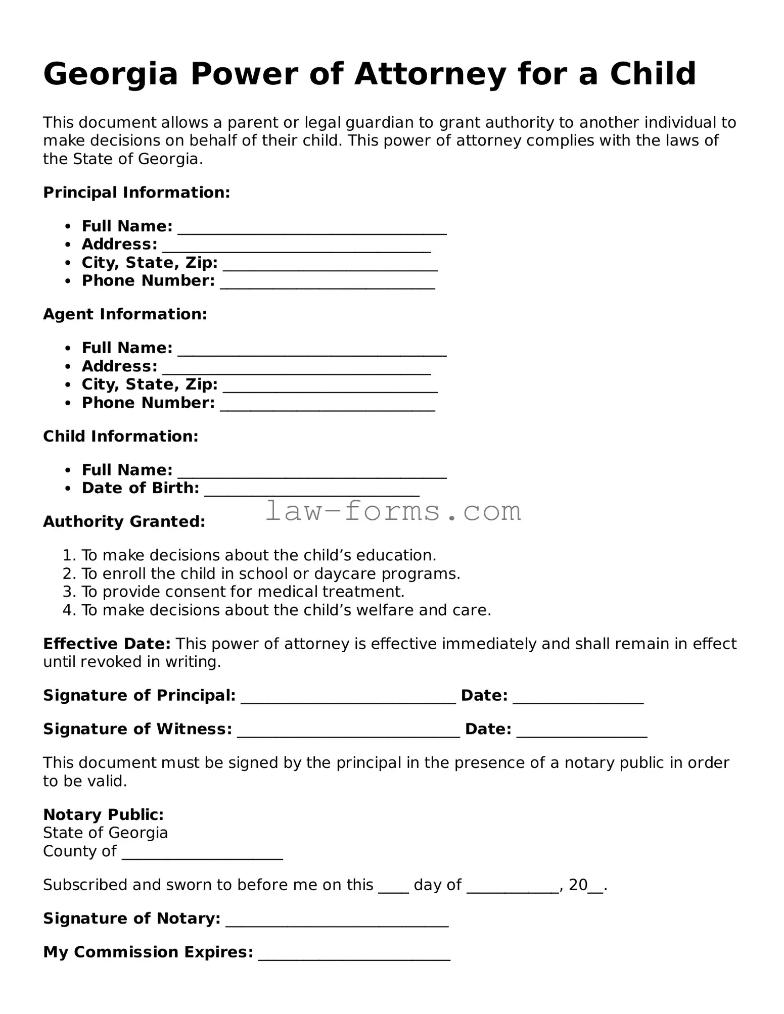Valid Power of Attorney for a Child Form for Georgia State