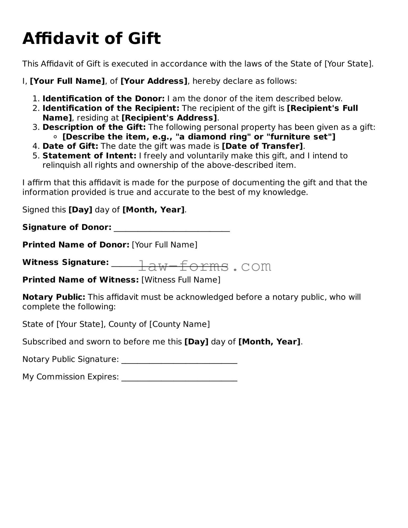 Valid Affidavit of Gift Template
