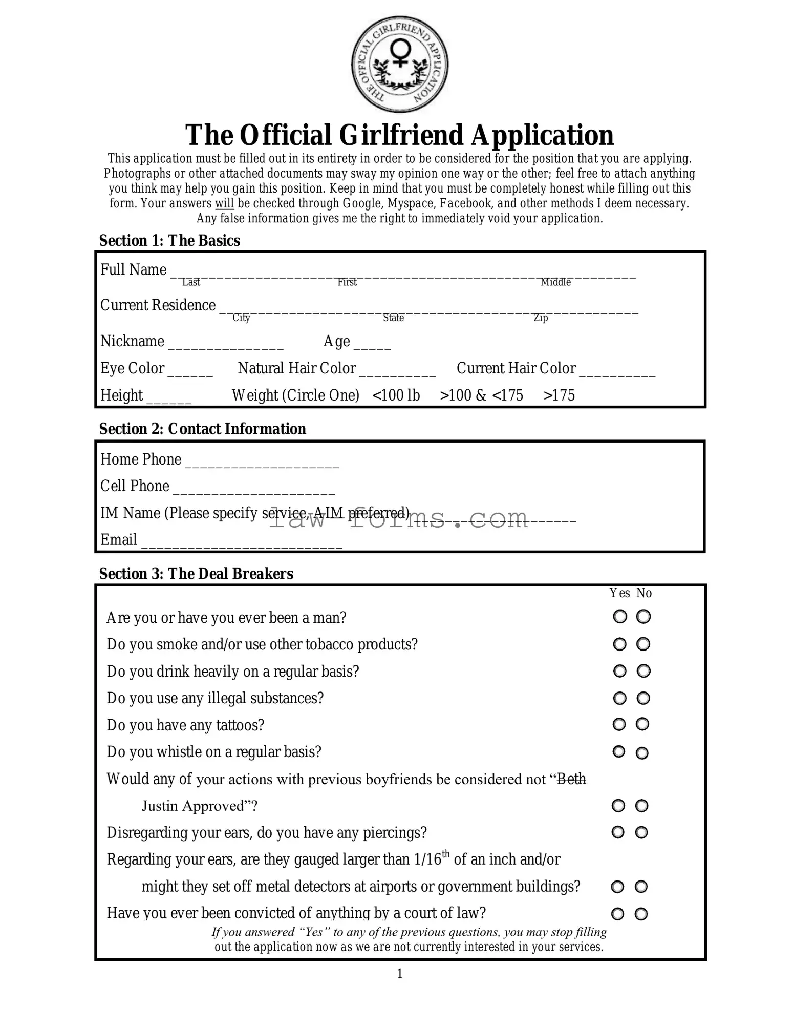 Girlfriend Application PDF Template