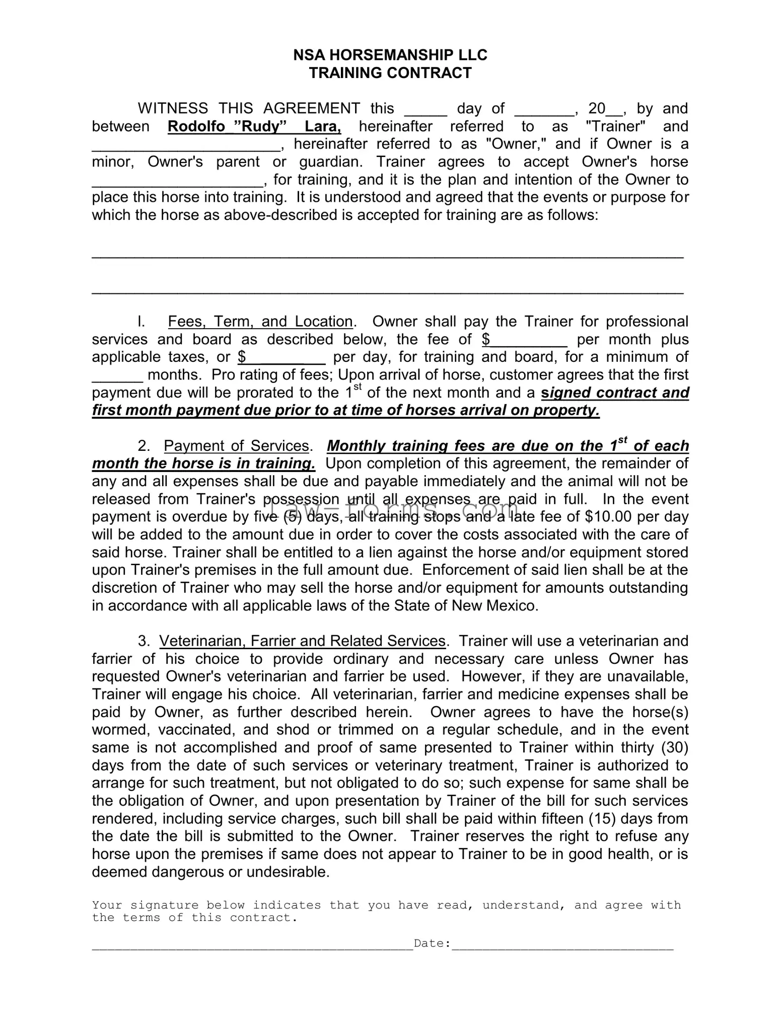 Horse Training Contract PDF Template