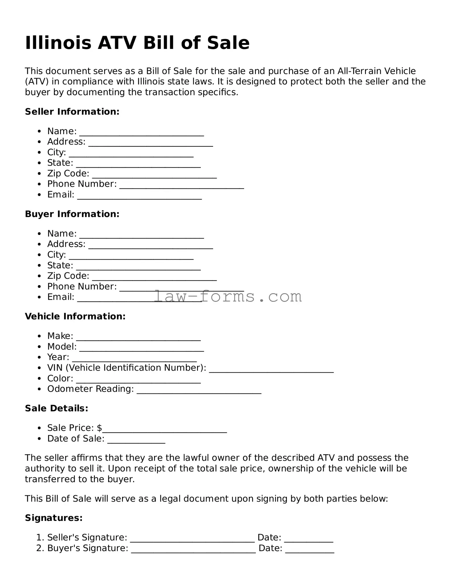 Valid ATV Bill of Sale Form for Illinois State