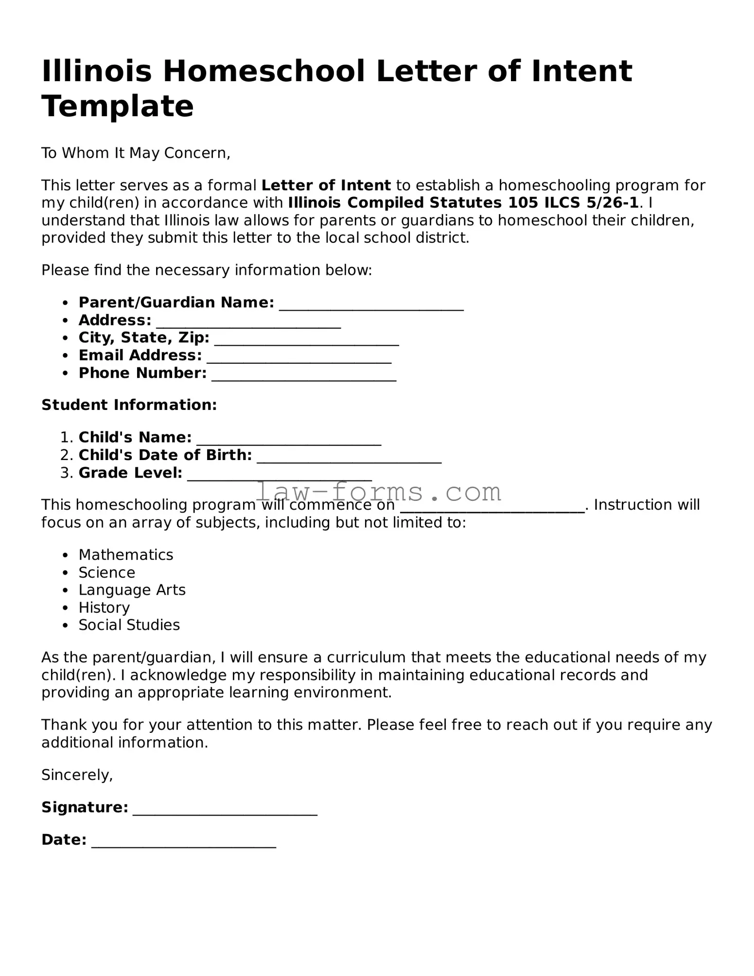 Valid Homeschool Letter of Intent Form for Illinois State