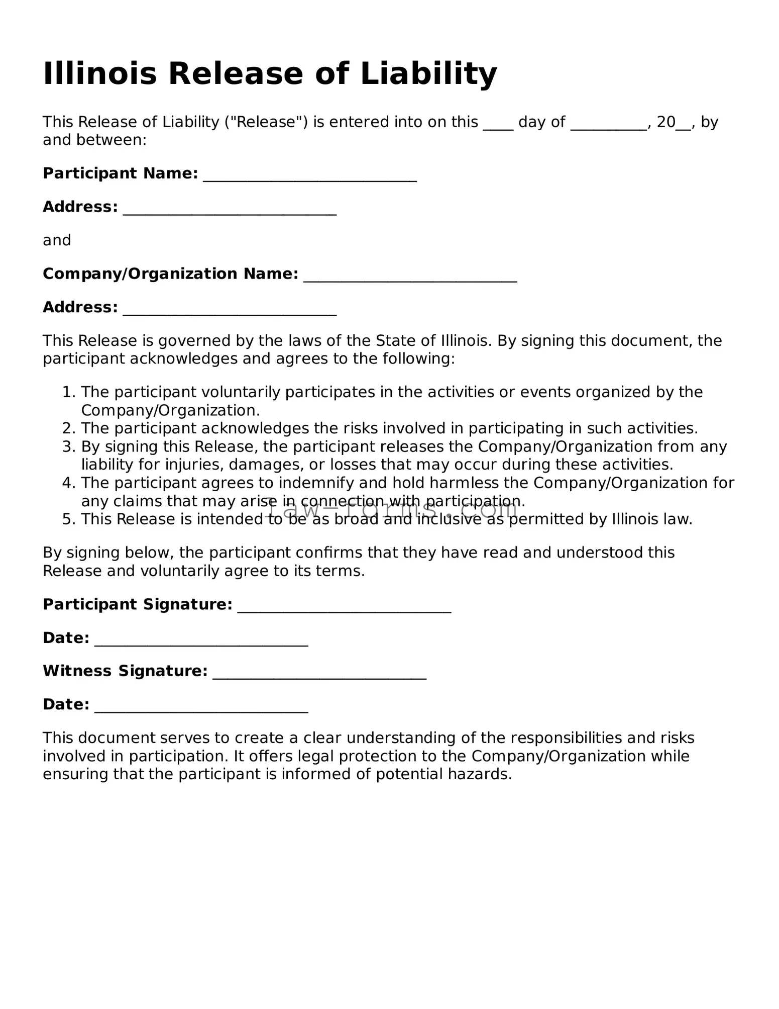 Valid Release of Liability Form for Illinois State