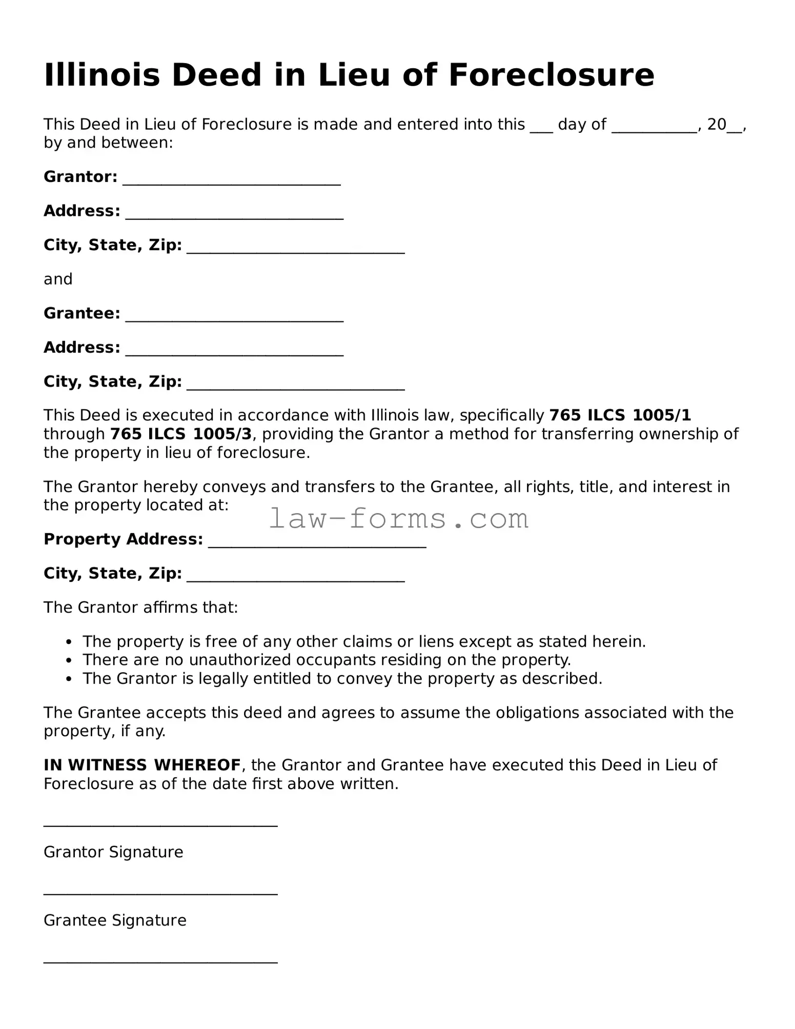 Valid Deed in Lieu of Foreclosure Form for Illinois State