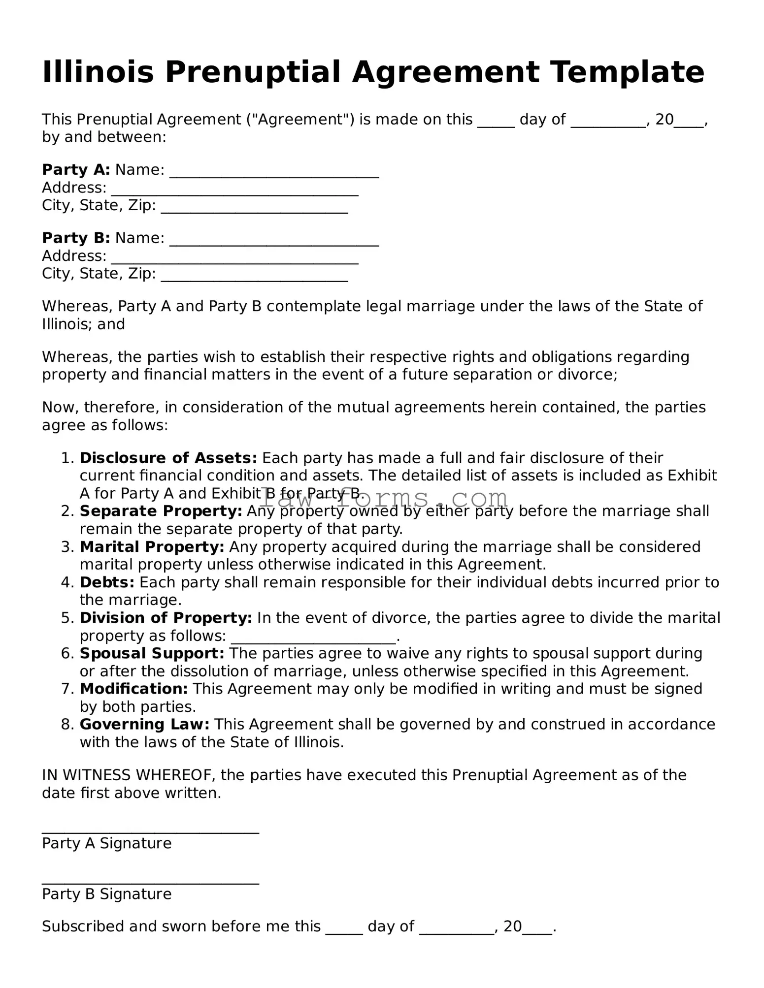 Valid Prenuptial Agreement Form for Illinois State