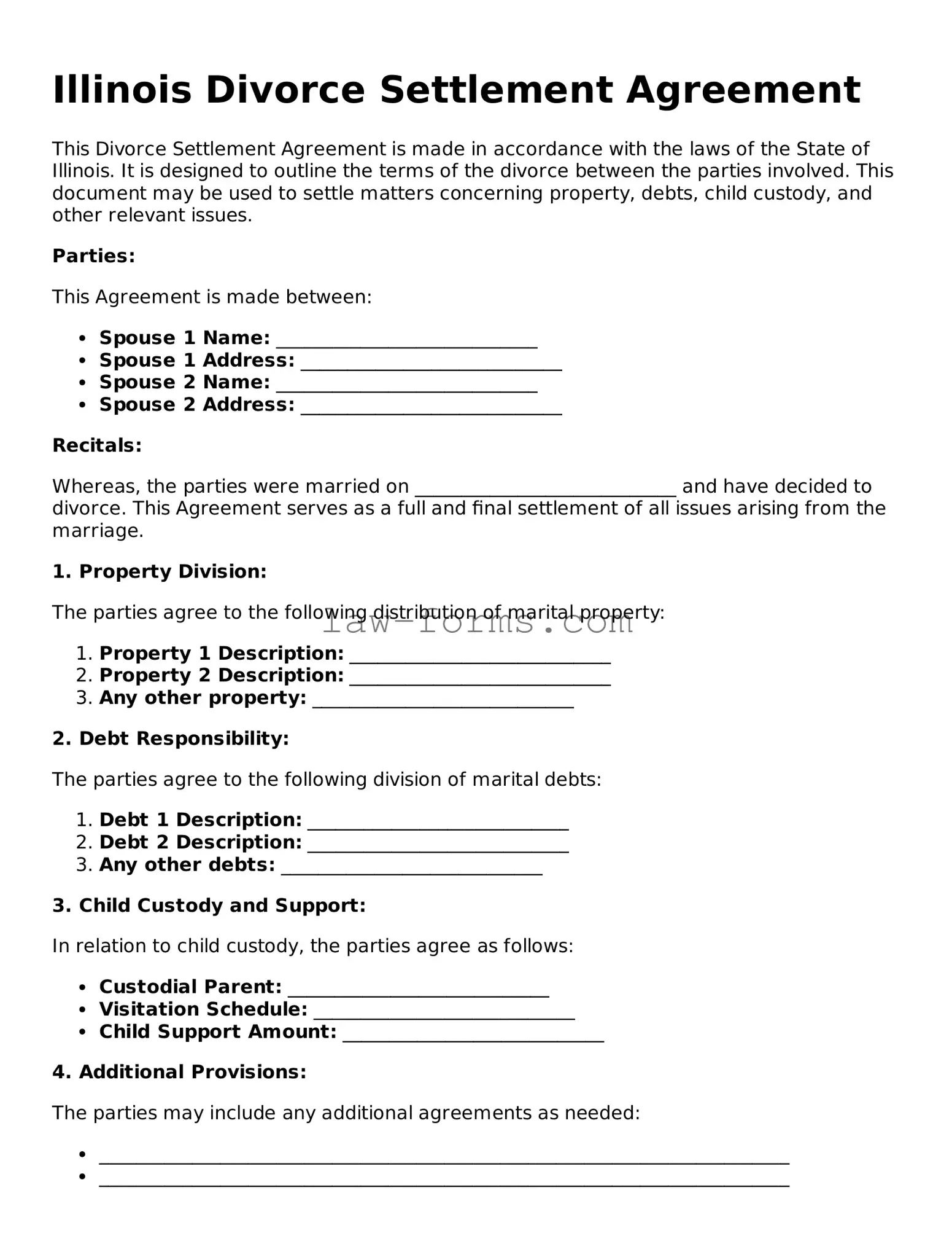 Valid Divorce Settlement Agreement Form for Illinois State