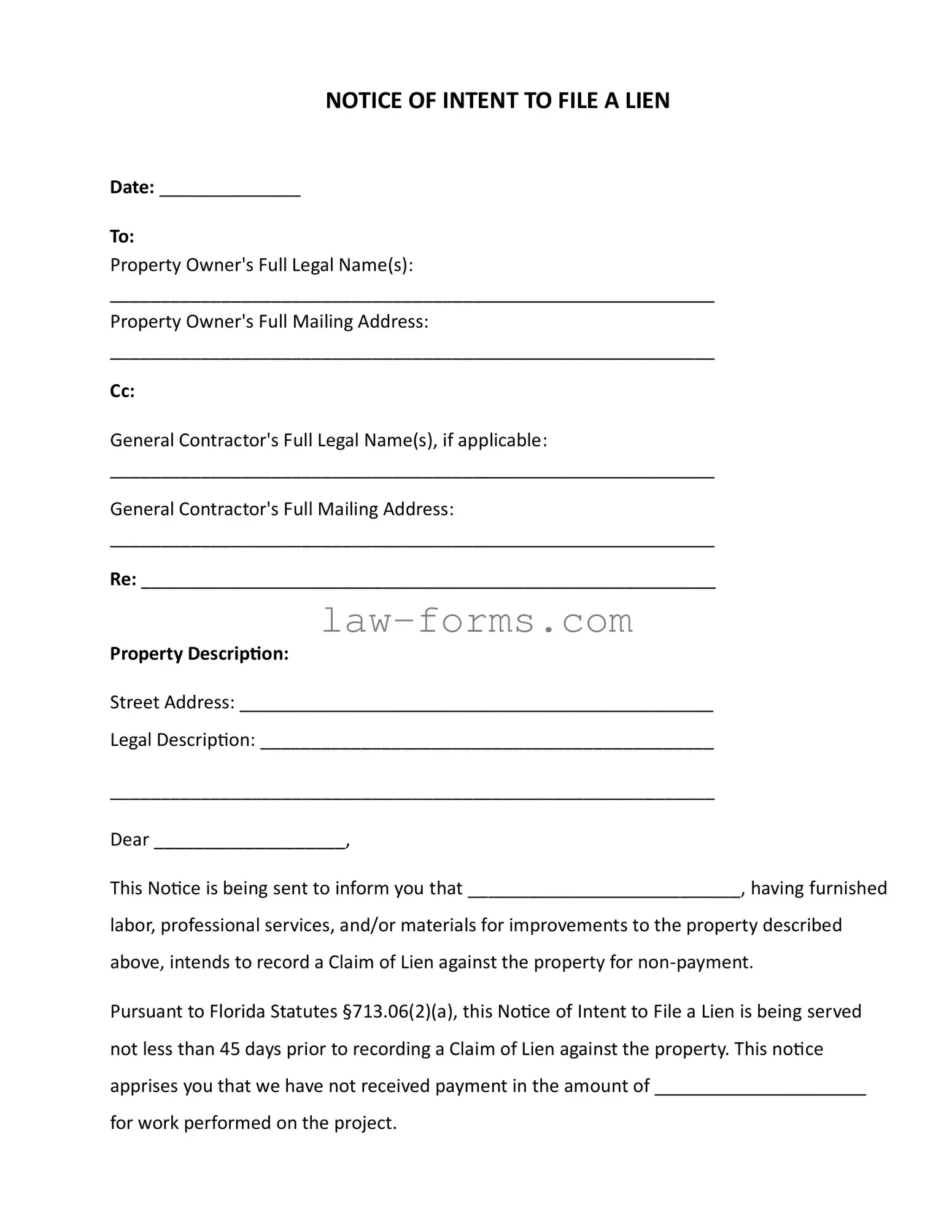 Intent To Lien Florida PDF Template