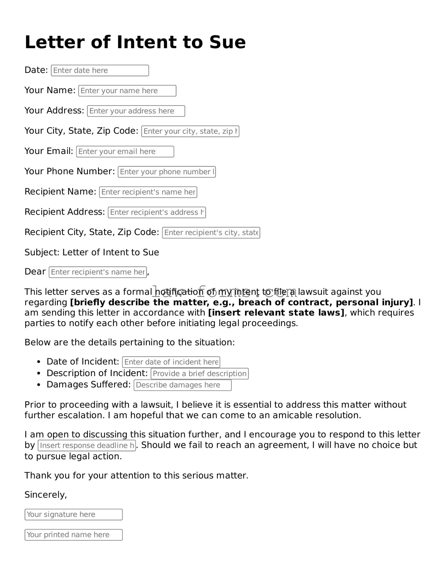 Valid Letter of Intent to Sue Template