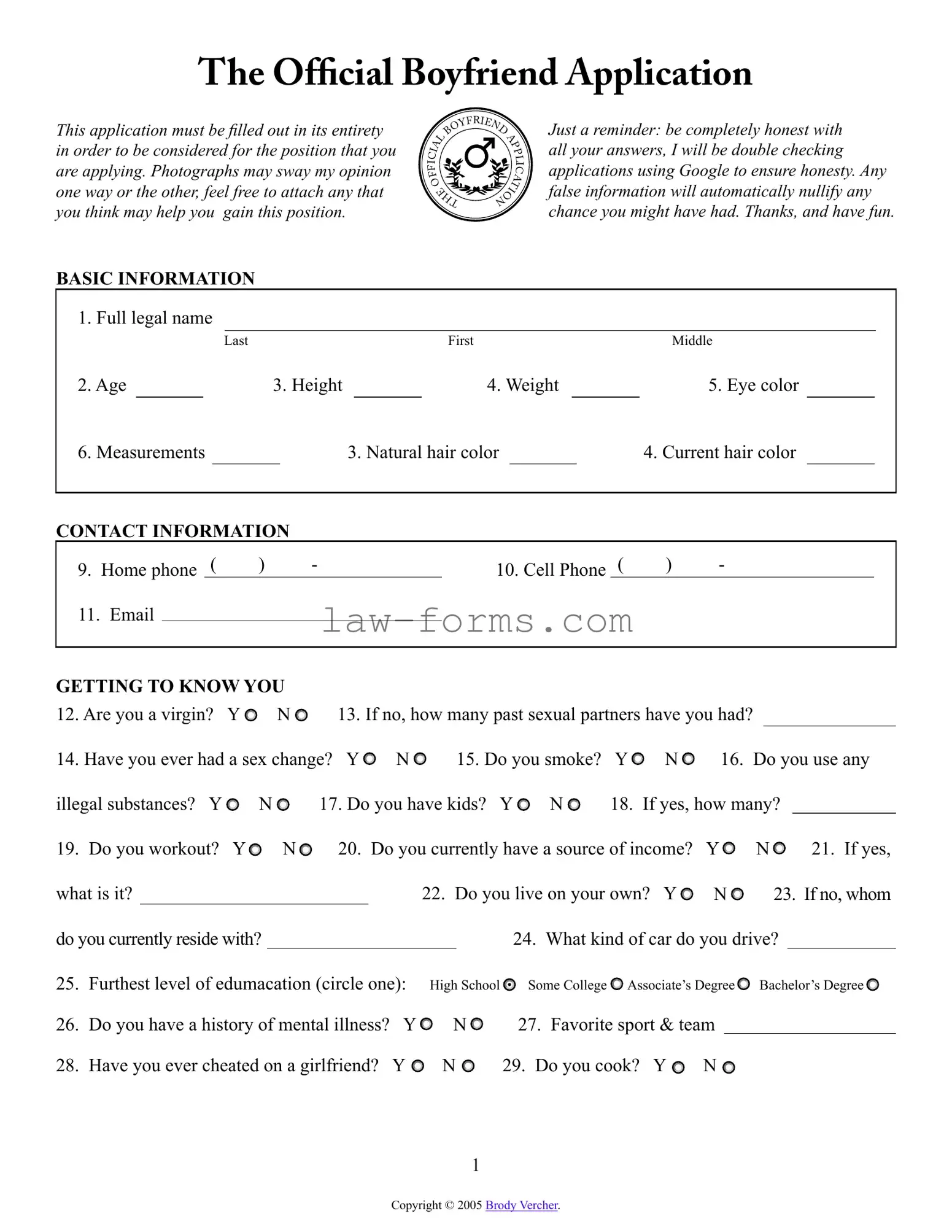 Boyfriend application form PDF Template