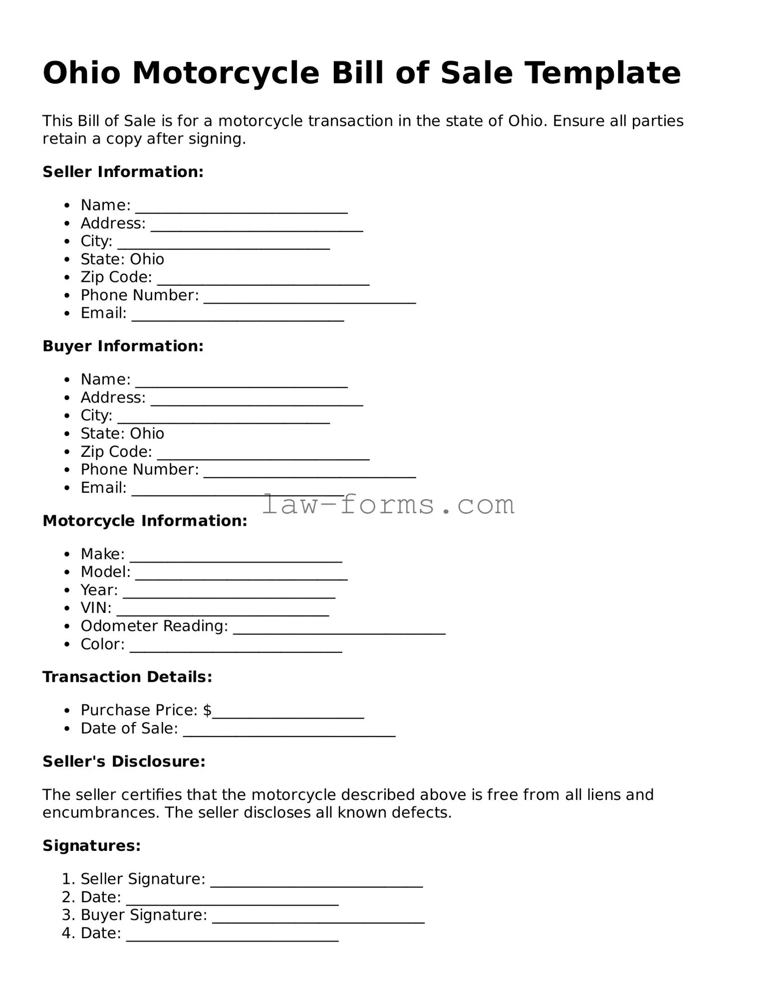 Valid Motorcycle Bill of Sale Form for Ohio State