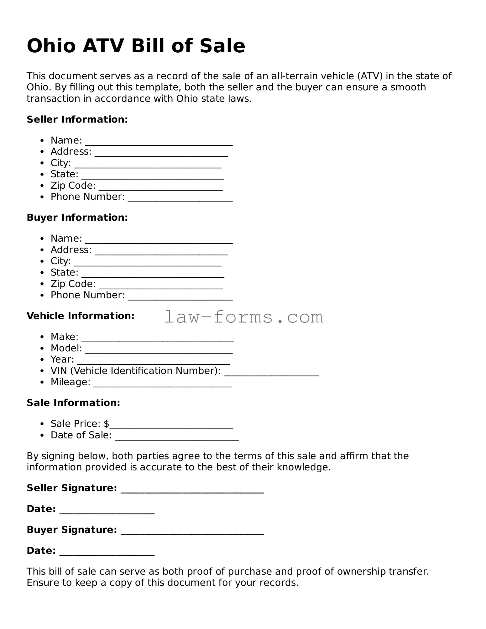 Valid ATV Bill of Sale Form for Ohio State