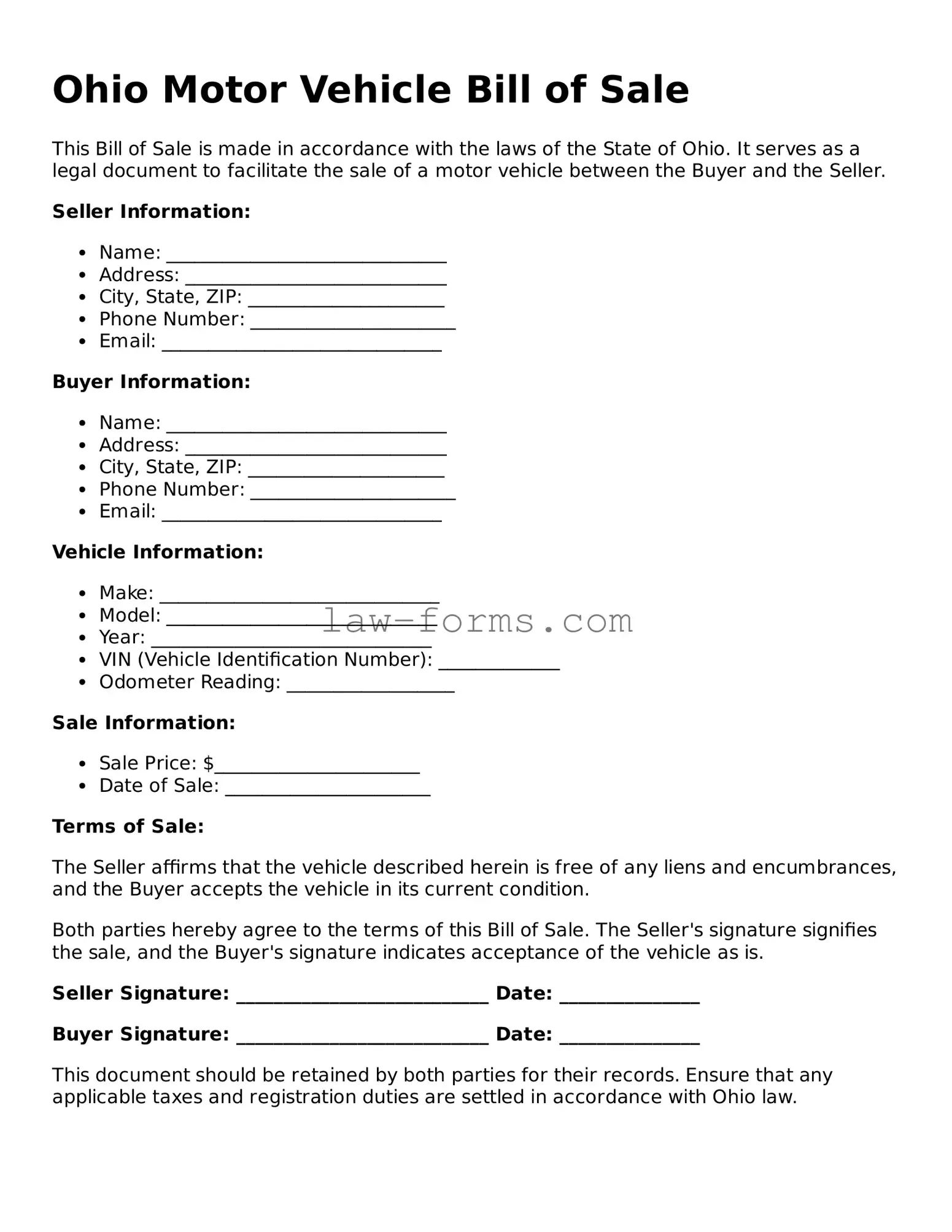 Valid Motor Vehicle Bill of Sale Form for Ohio State