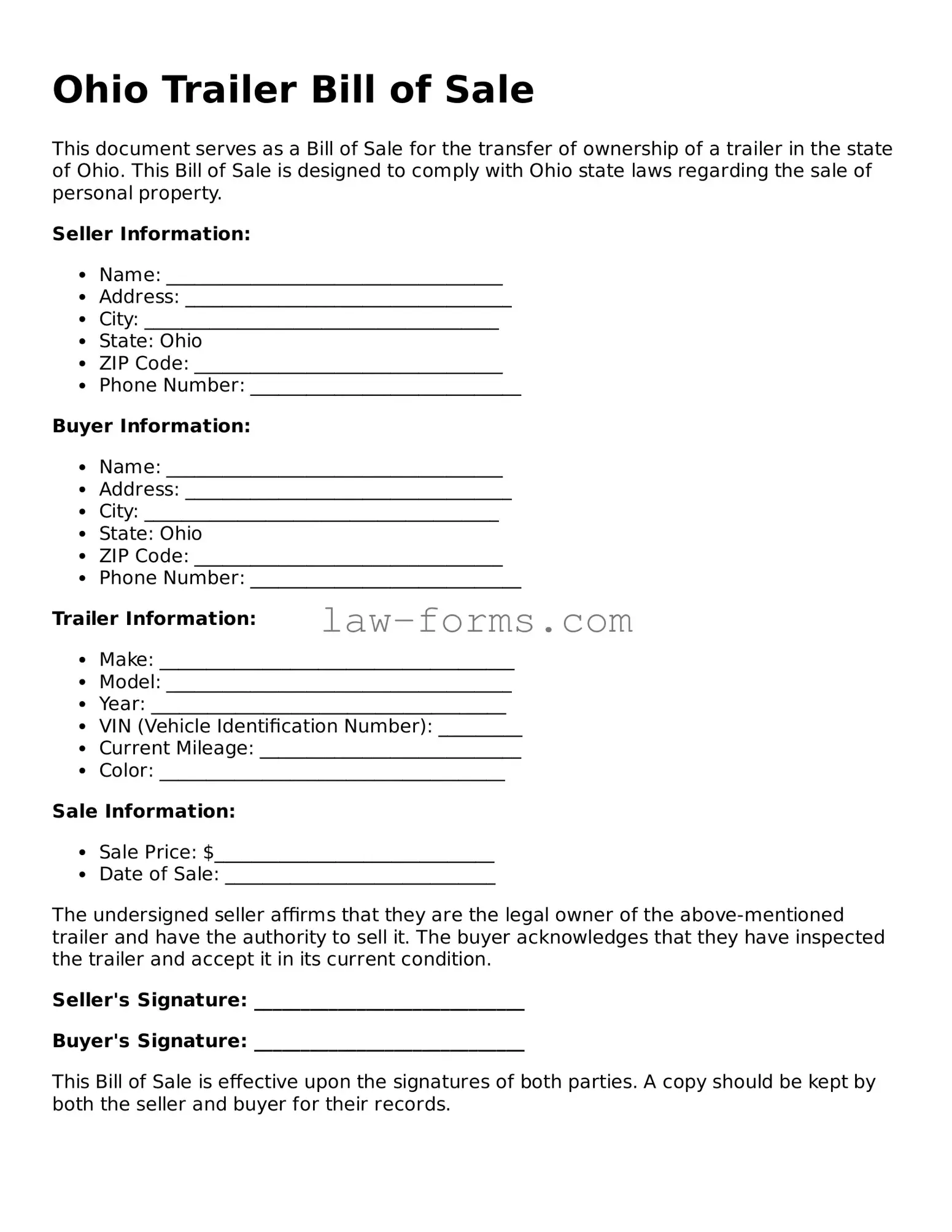 Valid Trailer Bill of Sale Form for Ohio State