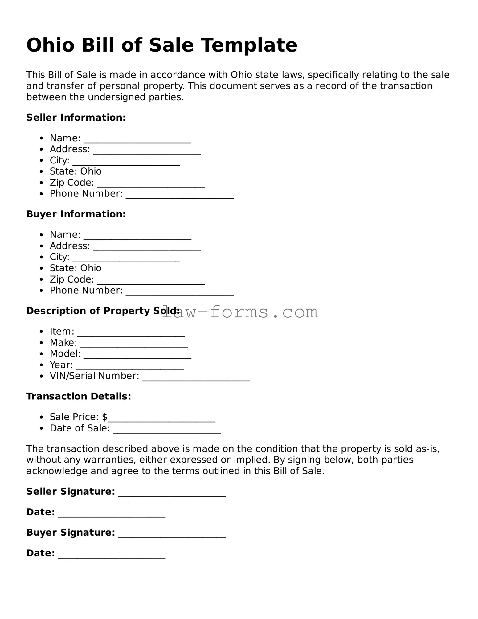 Valid Bill of Sale Form for Ohio State