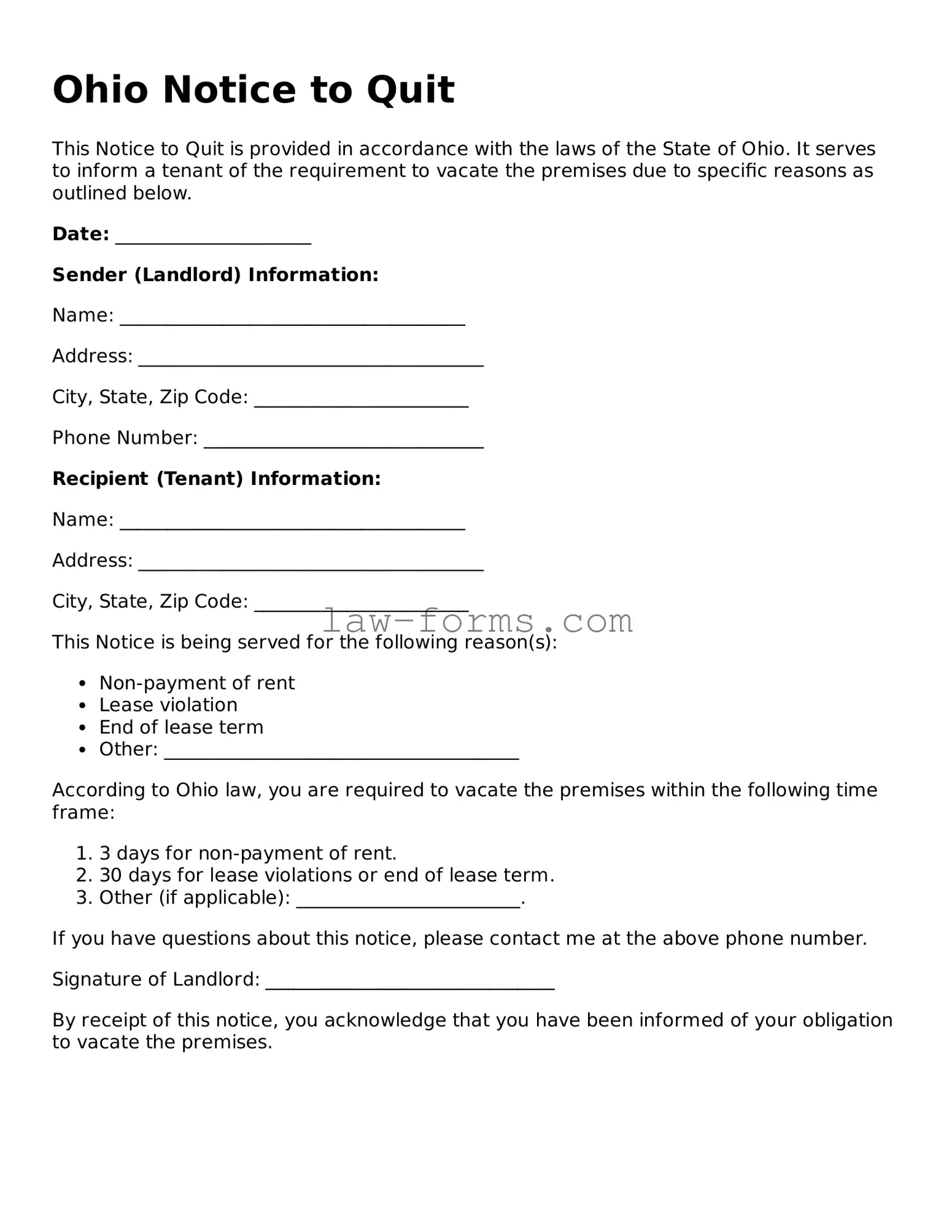 Valid Notice to Quit Form for Ohio State