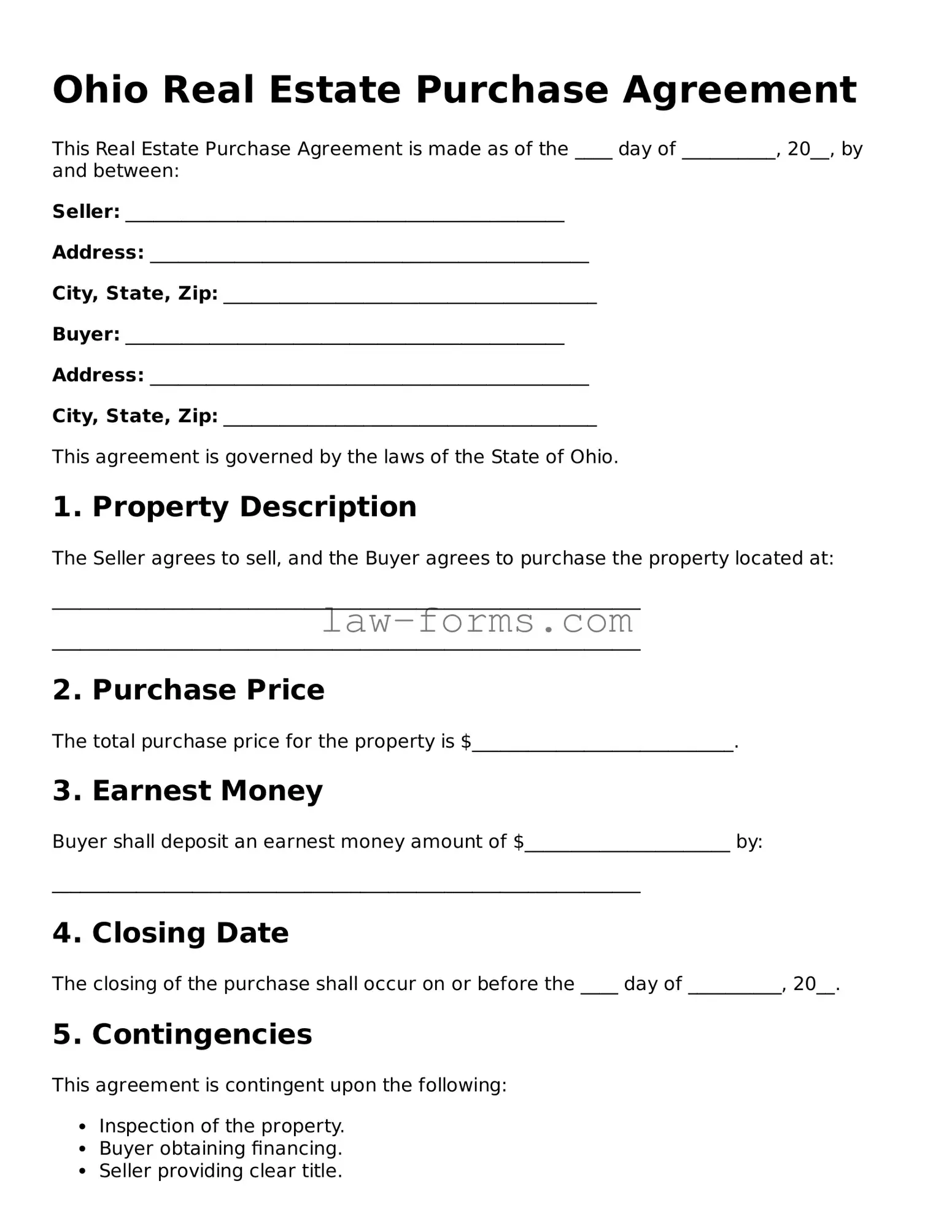 Valid Real Estate Purchase Agreement Form for Ohio State