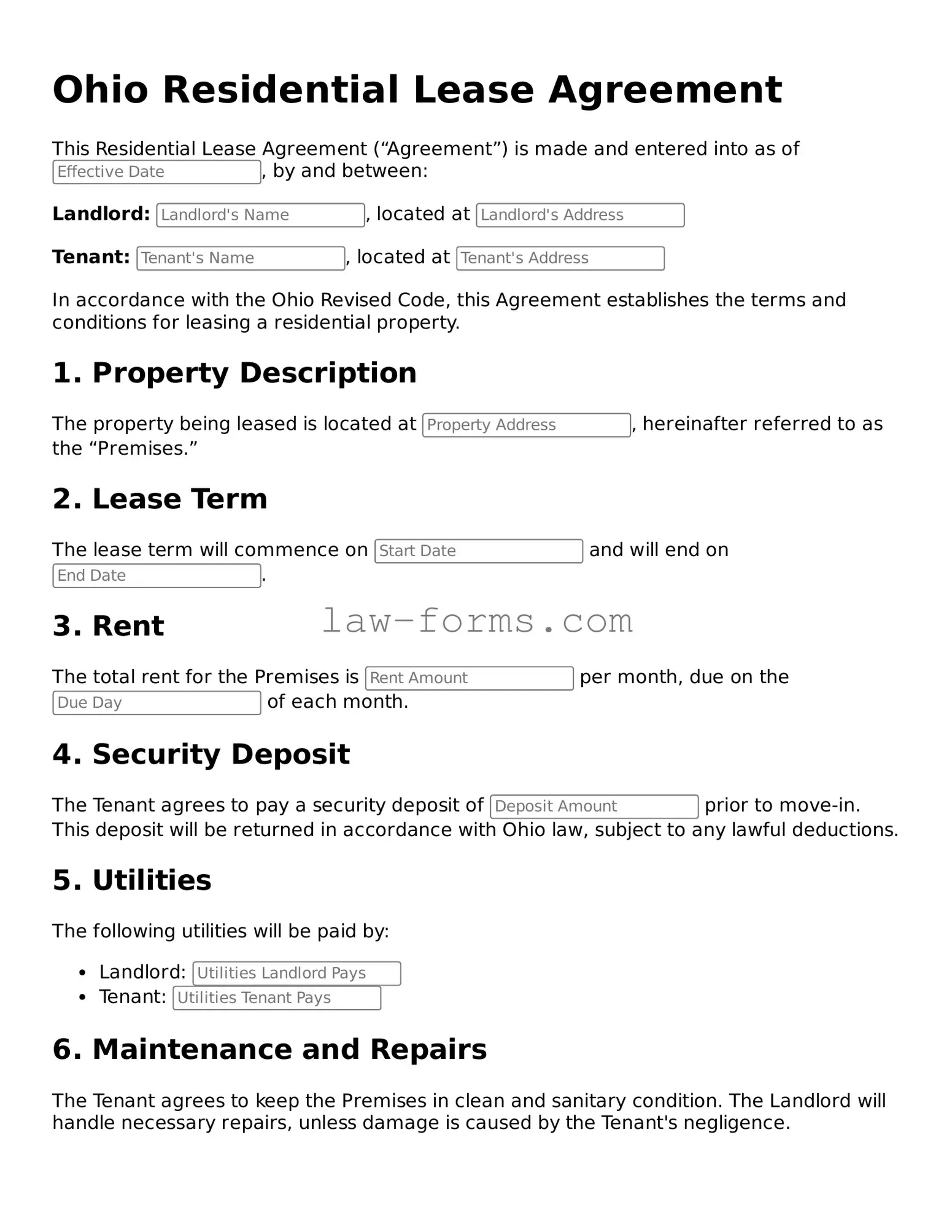 Valid Residential Lease Agreement Form for Ohio State