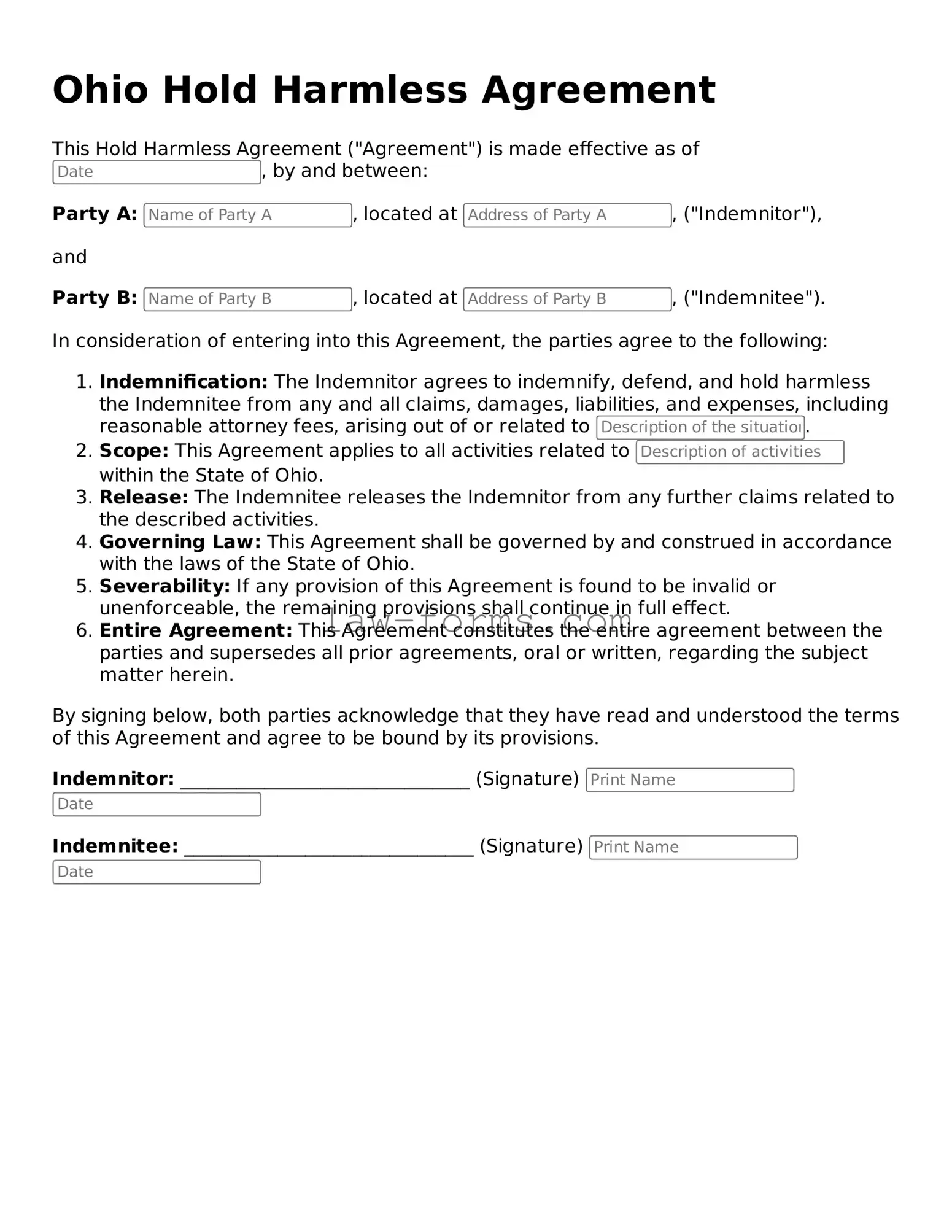 Valid Hold Harmless Agreement Form for Ohio State