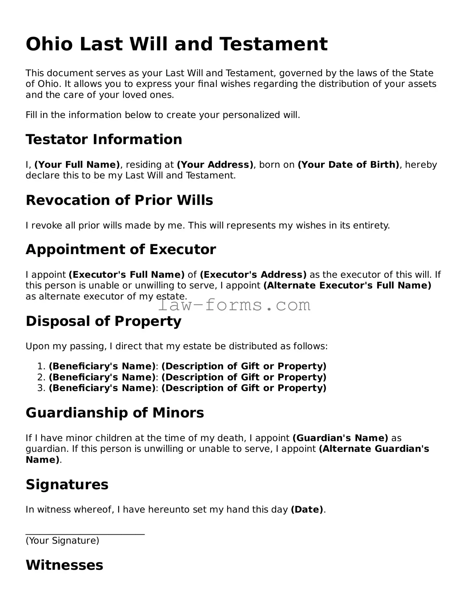 Valid Last Will and Testament Form for Ohio State