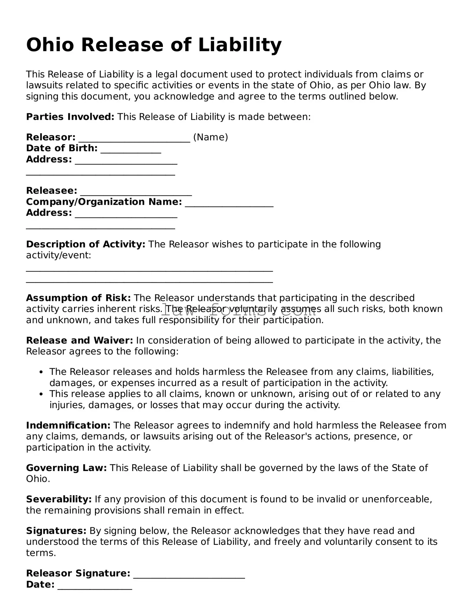 Valid Release of Liability Form for Ohio State