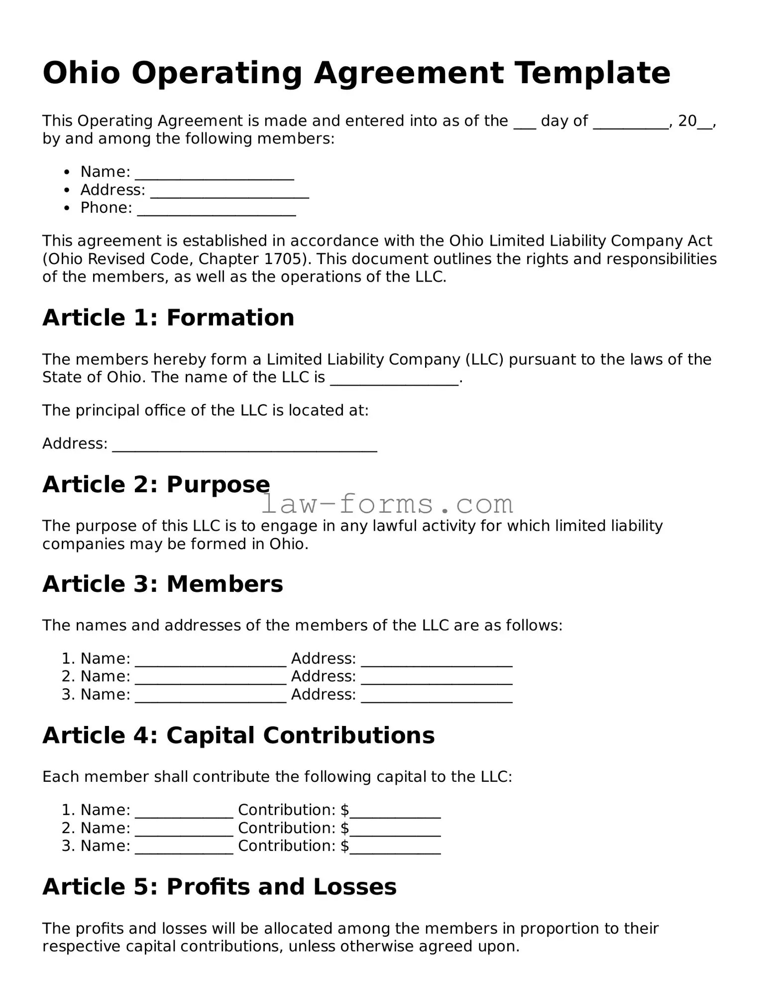 Valid Operating Agreement Form for Ohio State