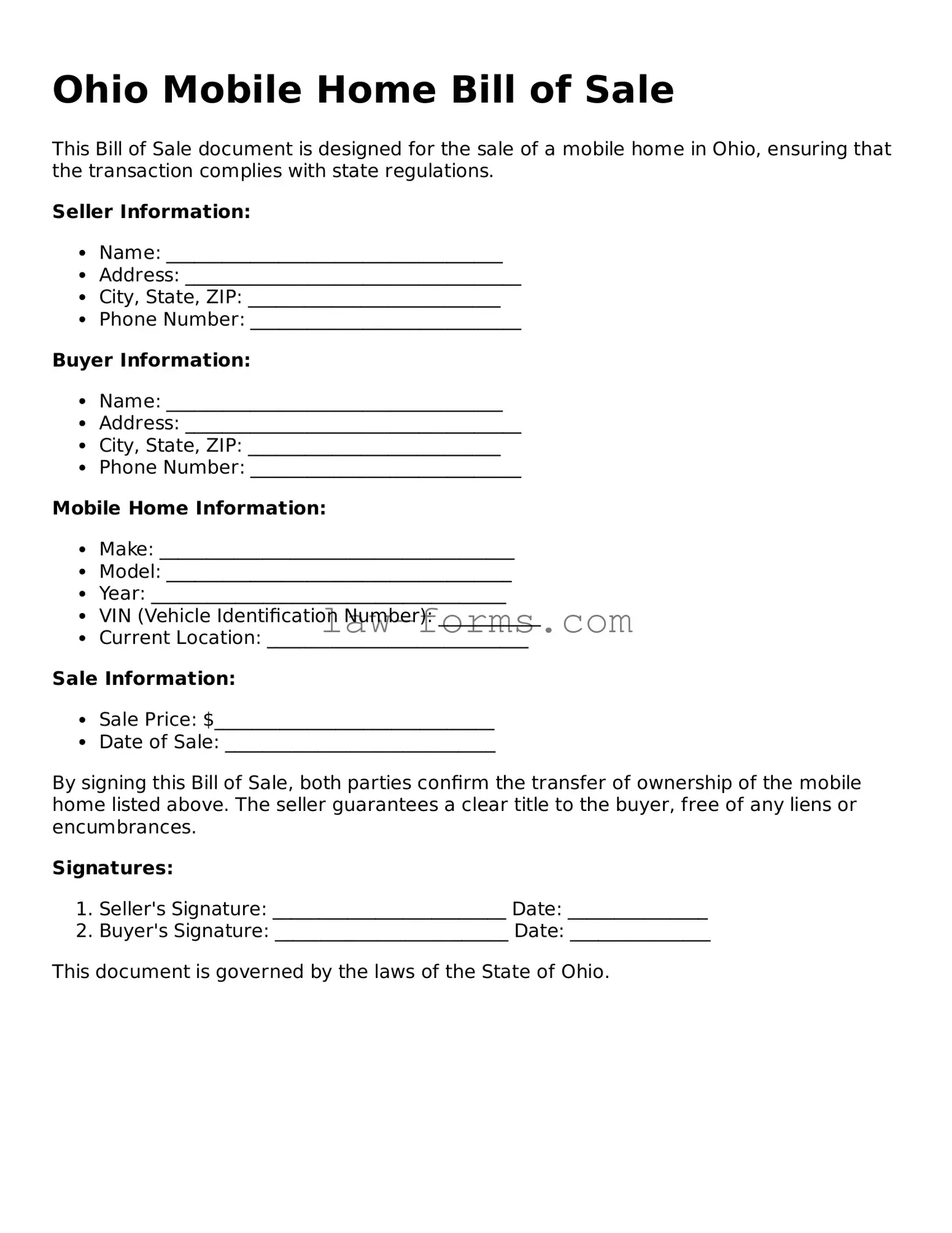 Valid Mobile Home Bill of Sale Form for Ohio State