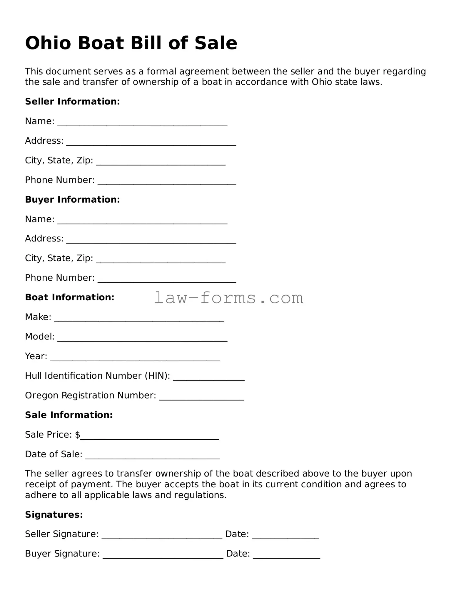 Valid Boat Bill of Sale Form for Ohio State