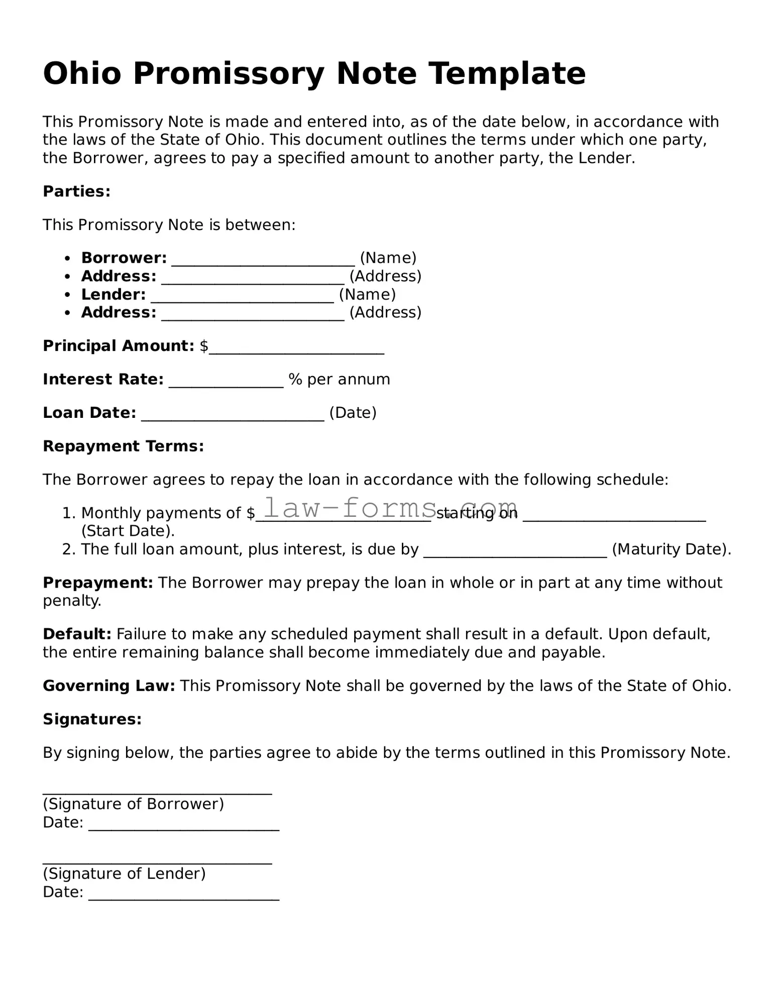Valid Promissory Note Form for Ohio State