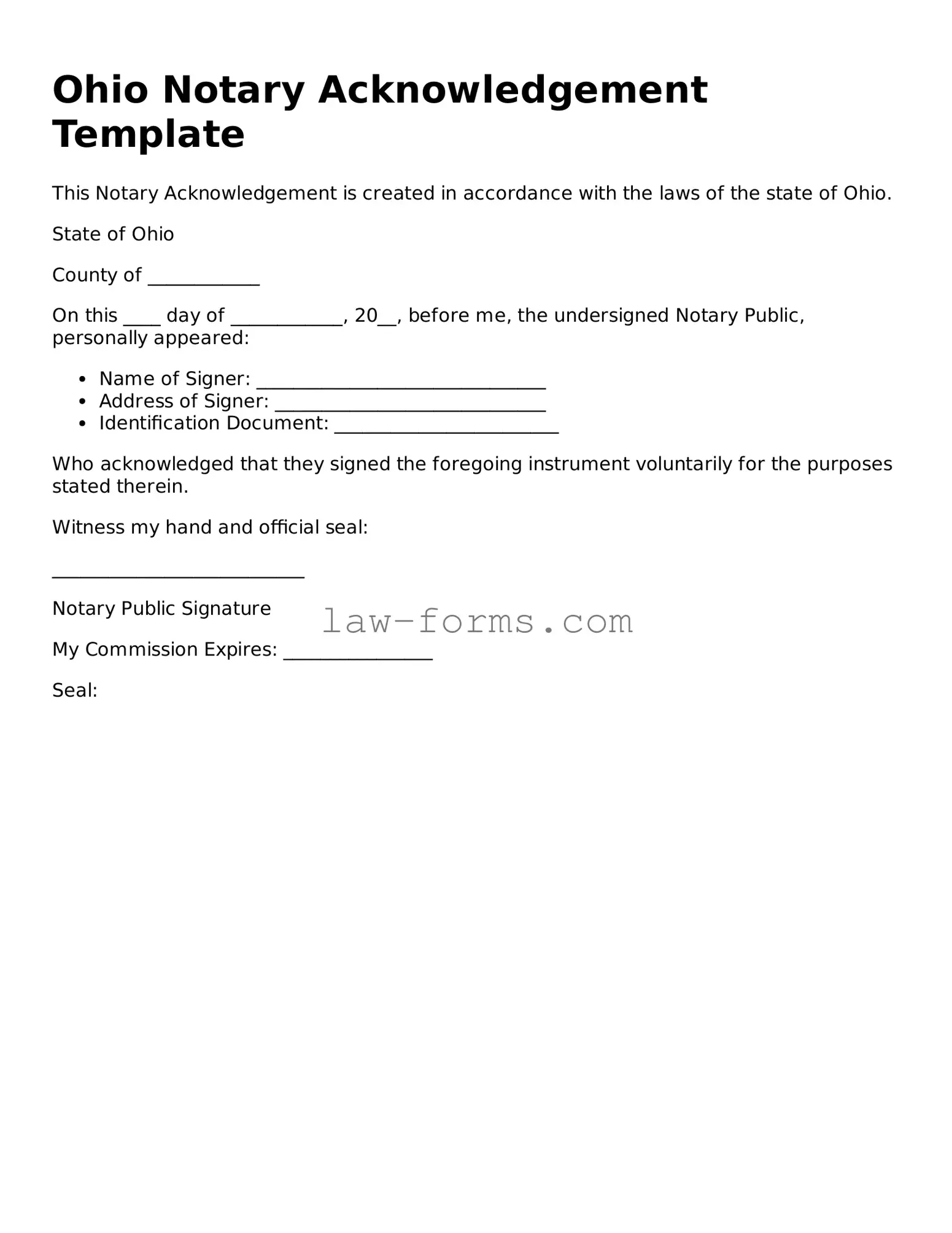 Valid Notary Acknowledgement Form for Ohio State