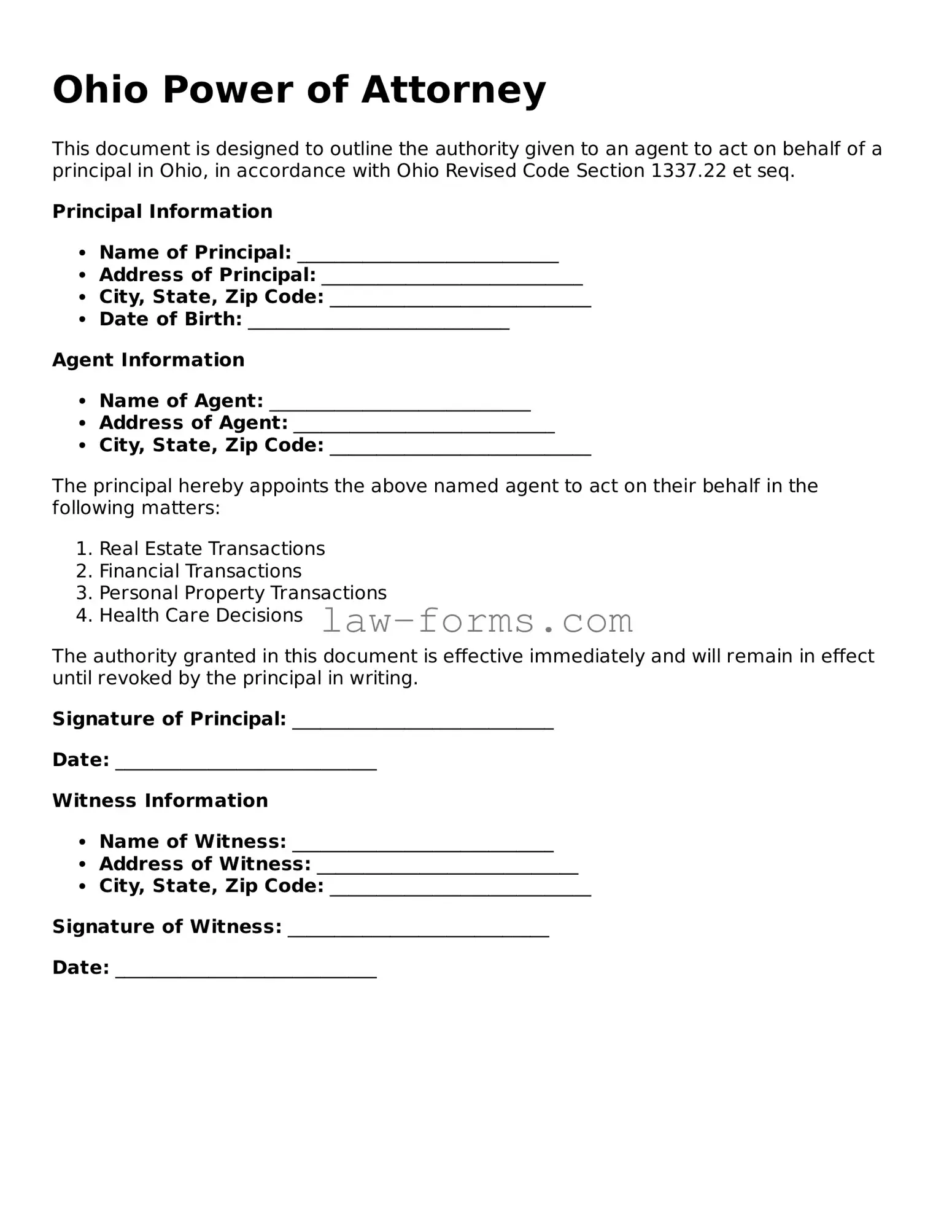 Valid Power of Attorney Form for Ohio State