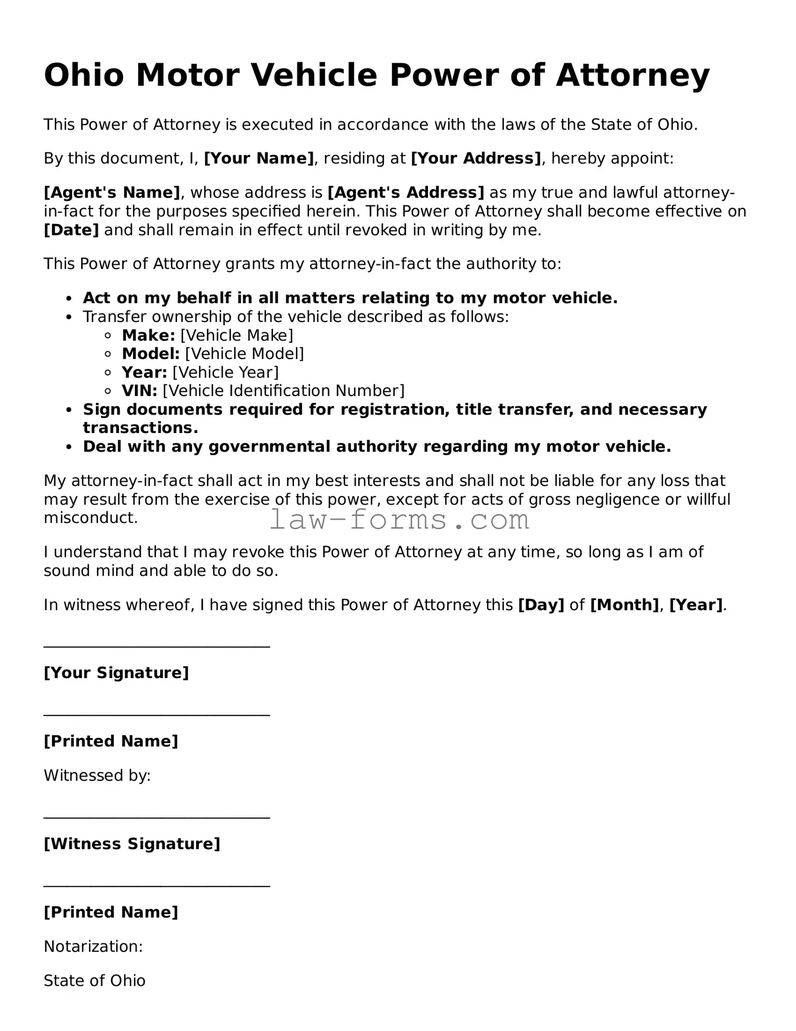 Valid Motor Vehicle Power of Attorney Form for Ohio State