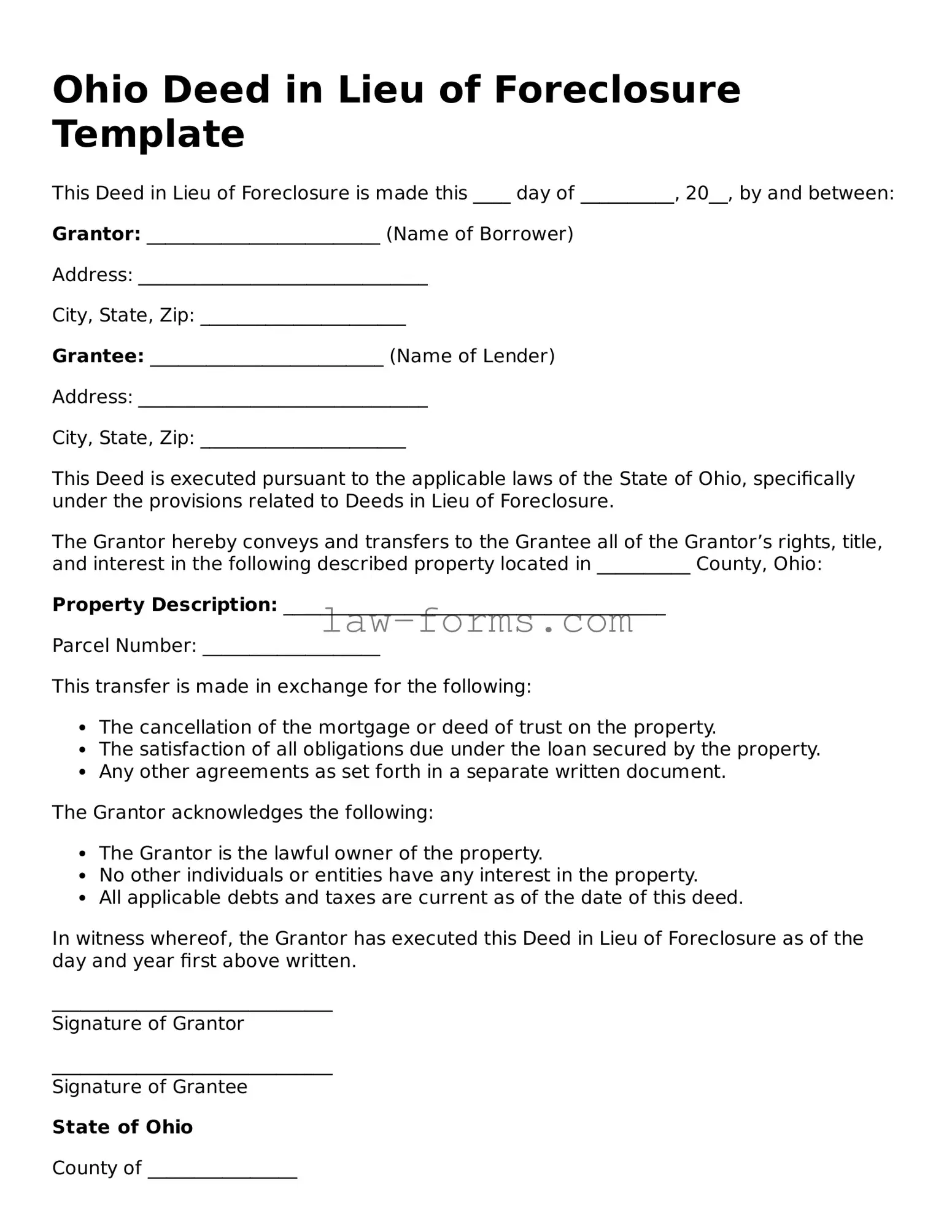 Valid Deed in Lieu of Foreclosure Form for Ohio State