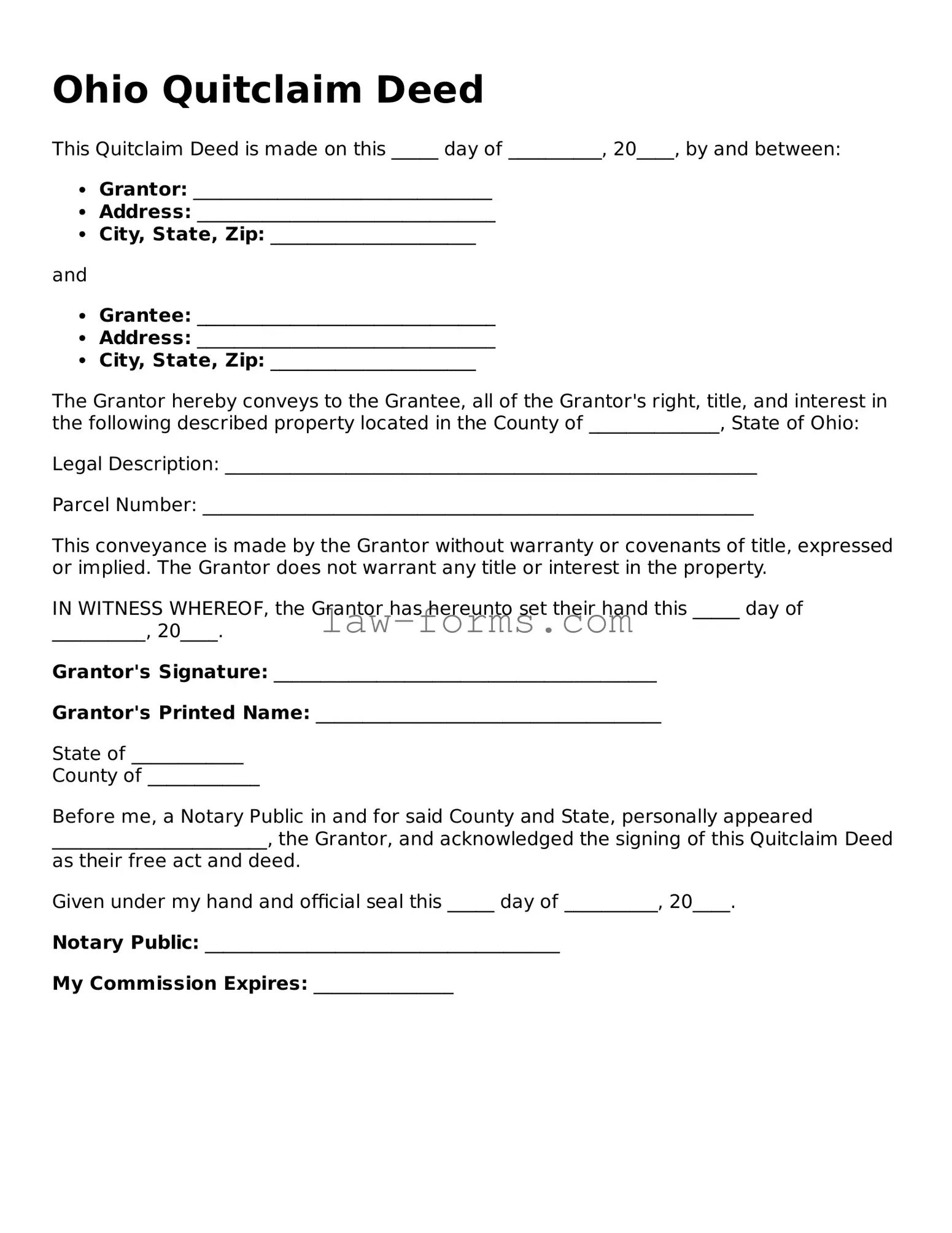 Valid Quitclaim Deed Form for Ohio State